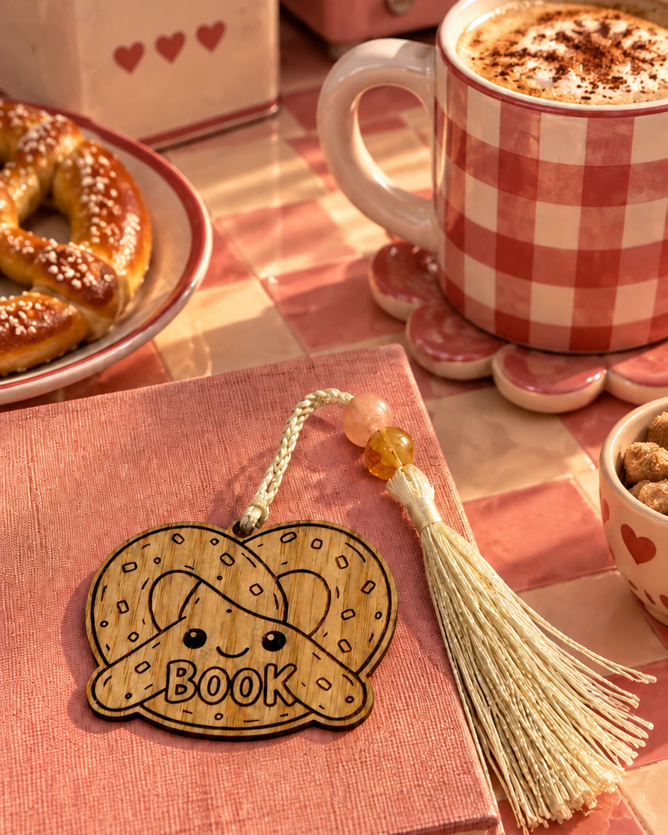 Little Pretzel, marque-page bretzel en bois gravé au laser de la collection Cuties Bakery Lolie’z, présenté sur un livre dans une ambiance gourmande.