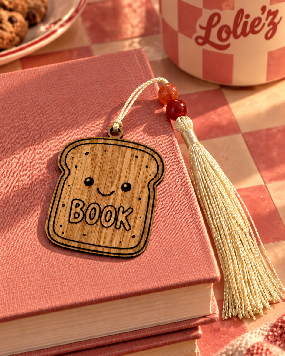 Little Toast, marque-page en bois gravé au laser de la collection Cuties Bakery Lolie’z, présenté sur un livre dans une ambiance gourmande et rétro.