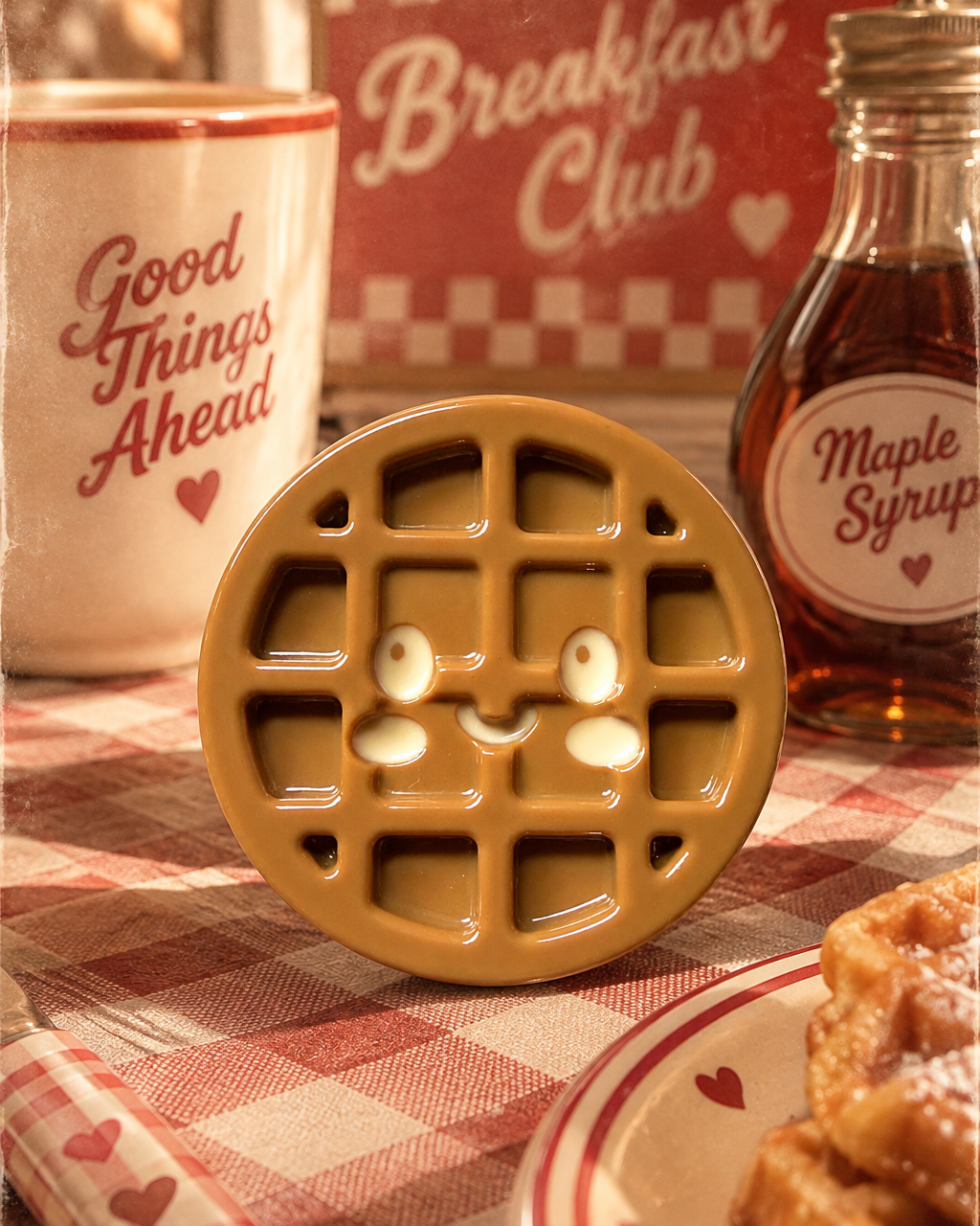 Little Waffle de la Cuties Bakery Lolie’z, décoration artisanale en résine époxy en forme de gaufre kawaii, mise en scène dans une ambiance rétro de petit-déjeuner.