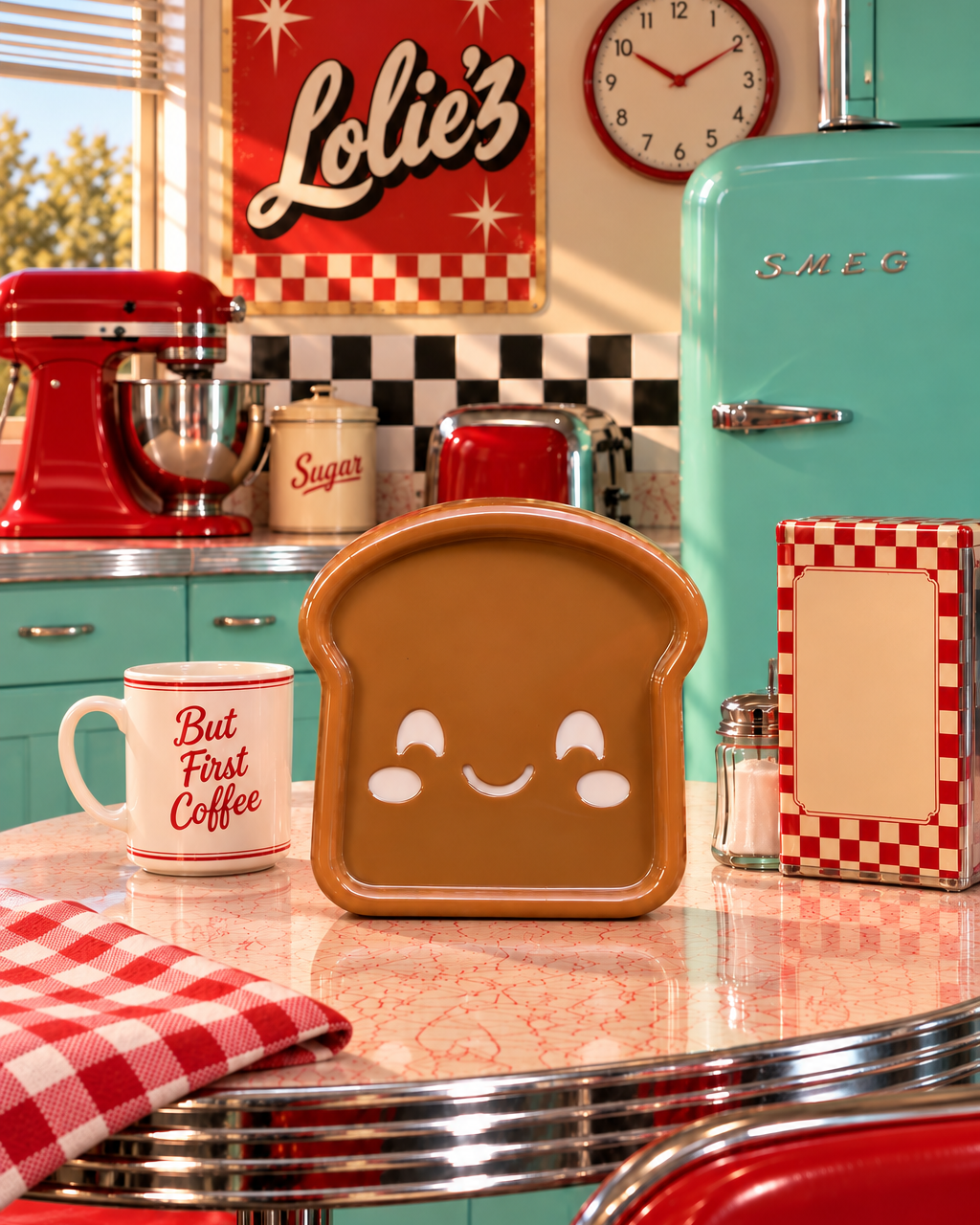 Little Brioche Cuties Bakery Lolie’z en résine époxy, présenté dans une cuisine rétro aux couleurs rouge et turquoise.