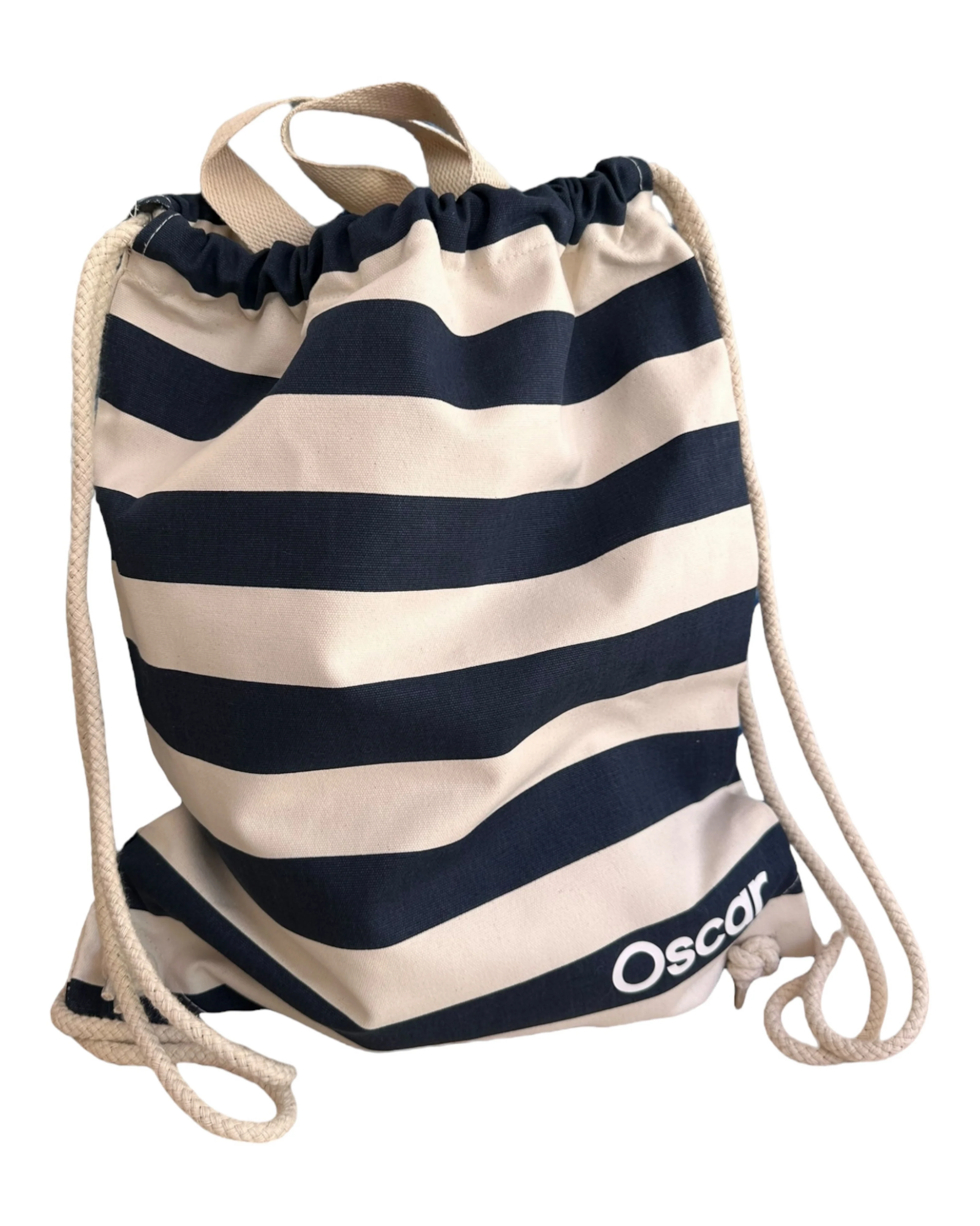 Sac Sunny marine & beige personnalisé avec prénom, en toile de coton brossée, idéal pour la plage.