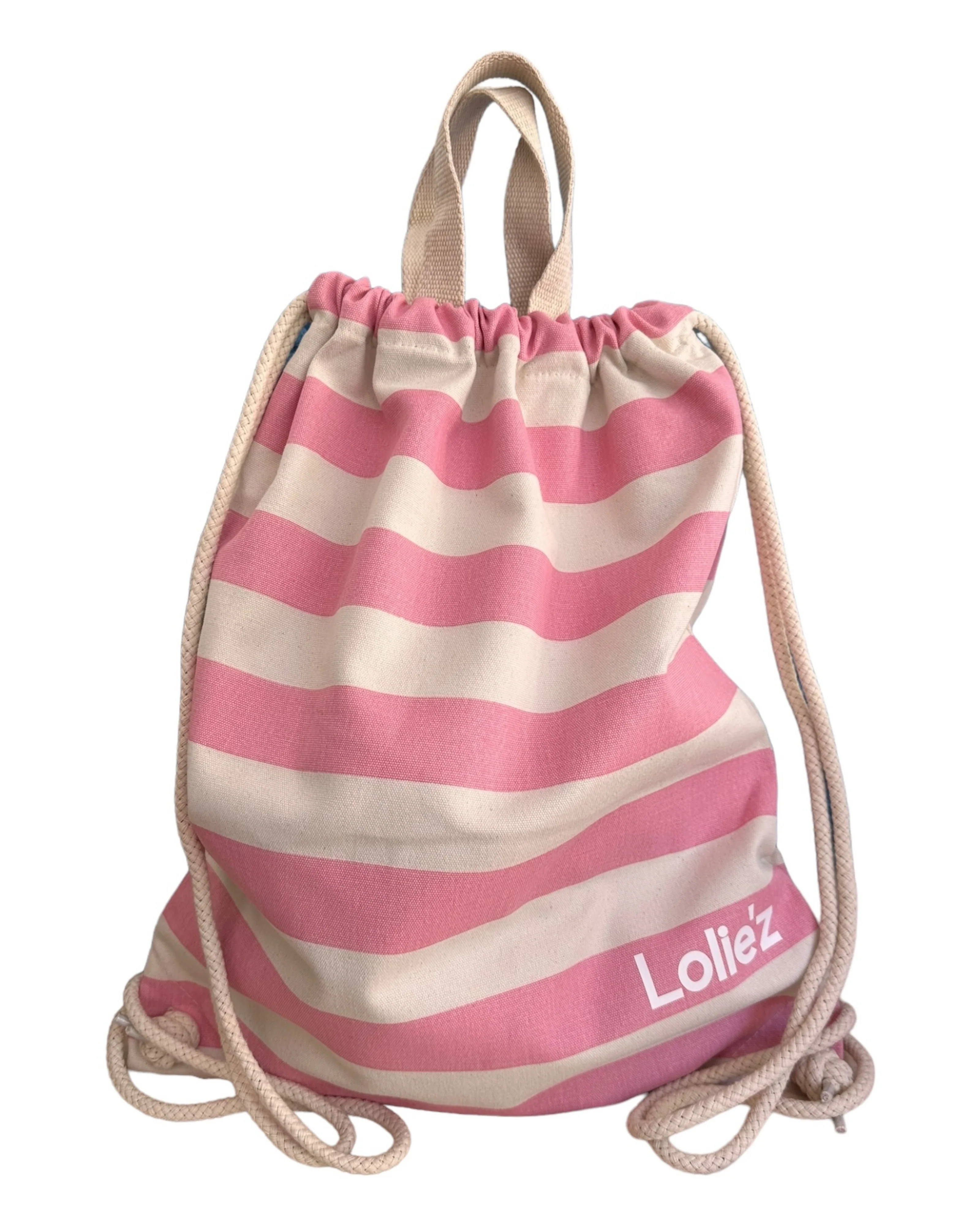 Sac Sunny rose & beige personnalisé avec prénom, en toile de coton brossée, parfait pour la plage.