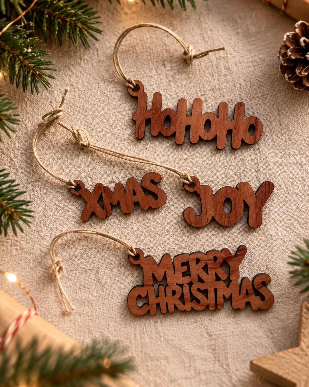 Lot de quatre décorations de Noël en bois Merry Little Words comprenant Ho Ho Ho, Xmas, Joy et Merry Christmas.