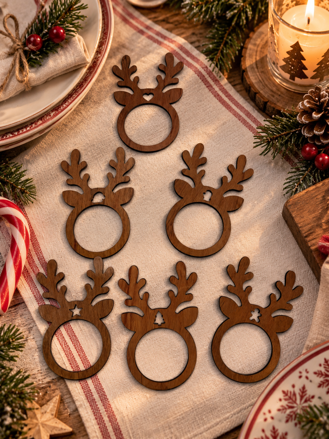 Lot de 6 ronds de serviette rennes en bois avec symboles de Noël différents, présentés dans une décoration de table festive.
