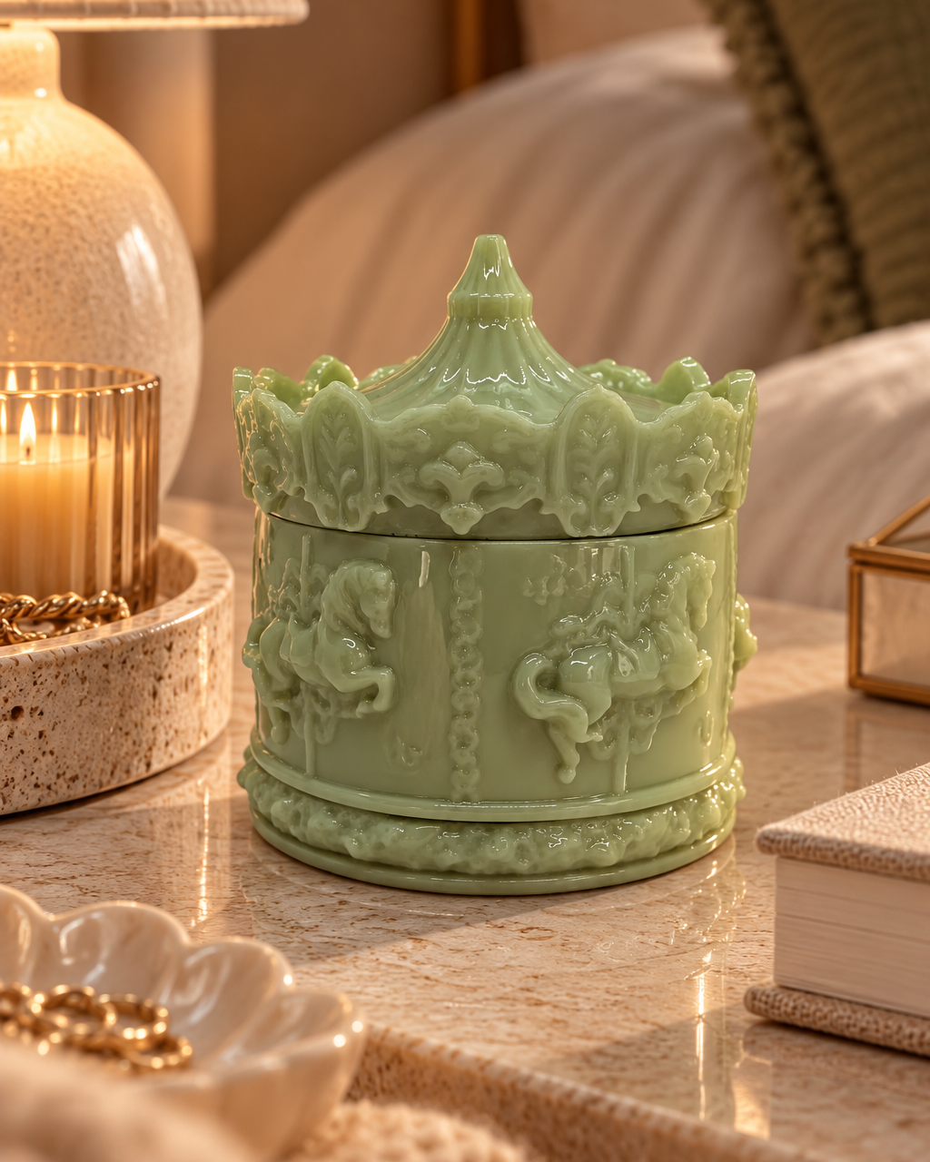 Boîte décorative Magic Carousel en résine époxy vert sauge brillant, ornée de chevaux de manège en relief, posée sur une table en pierre beige dans une chambre chaleureuse, près d'une lampe et de bijoux dorés.