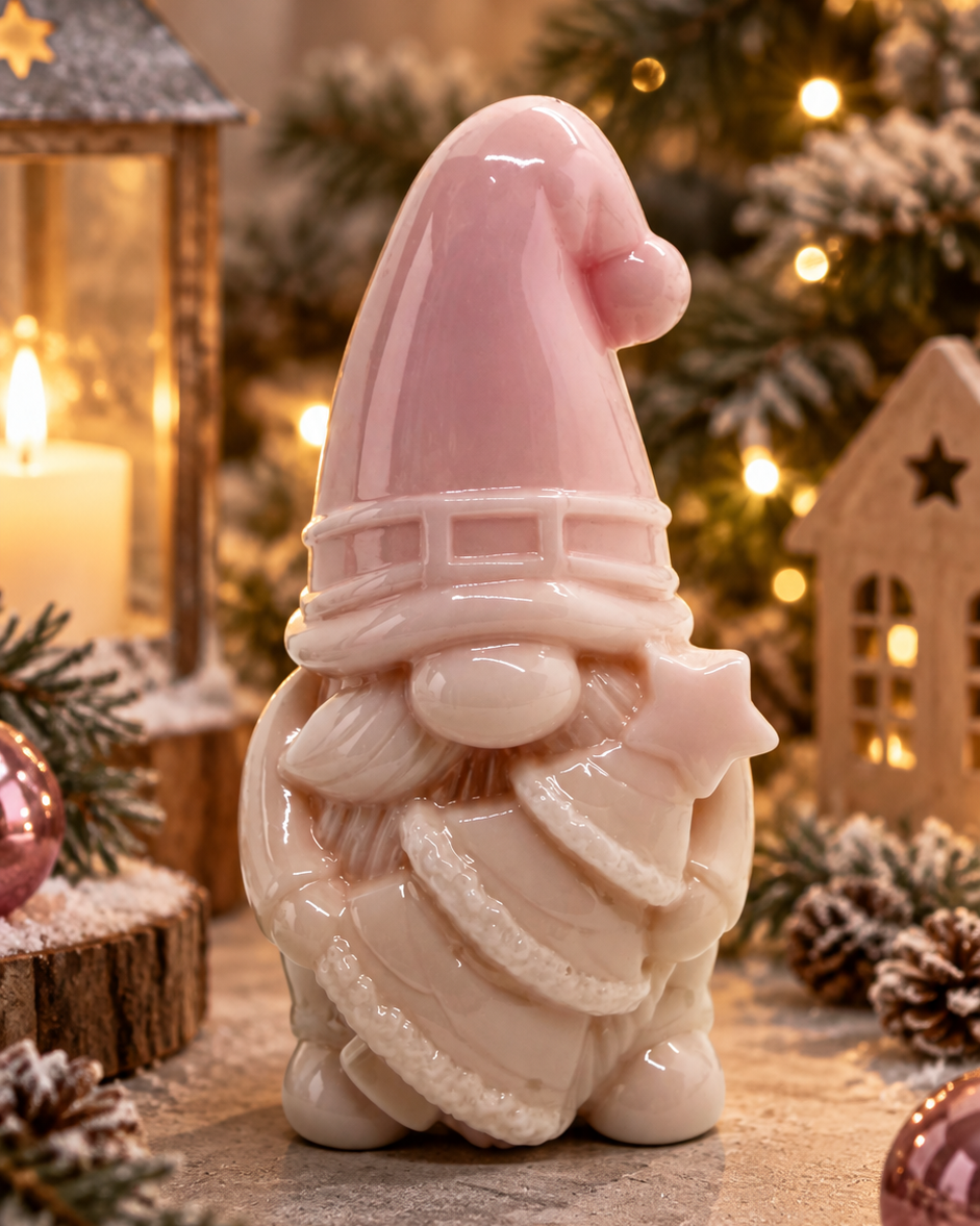 Marlow, gnome de Noël artisanal en résine époxy tenant un petit sapin, présenté dans une ambiance de Noël chaleureuse.