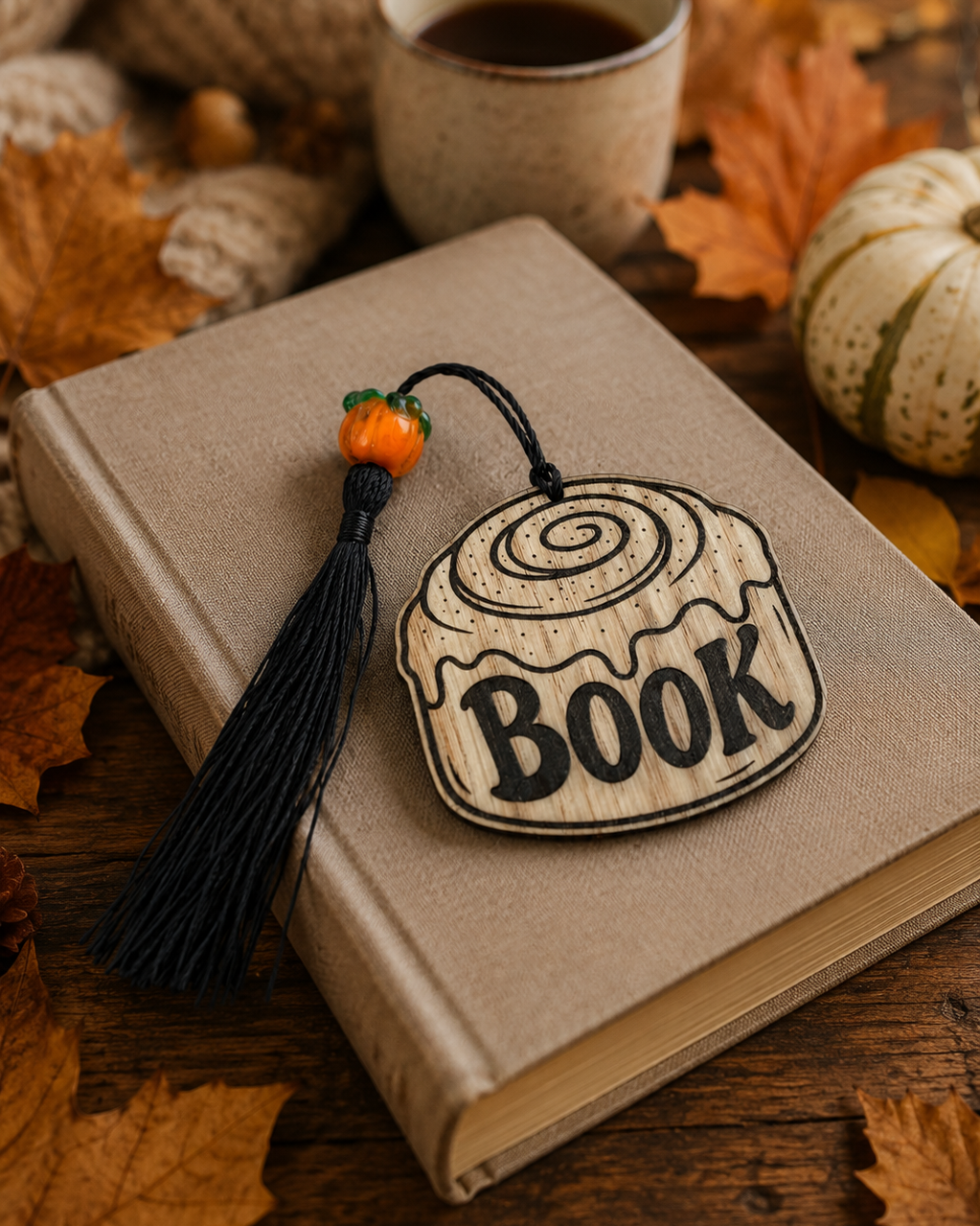 Marque-page en bois Cinnamon Roll BOOK gravé, avec pompon noir et perle citrouille orange.