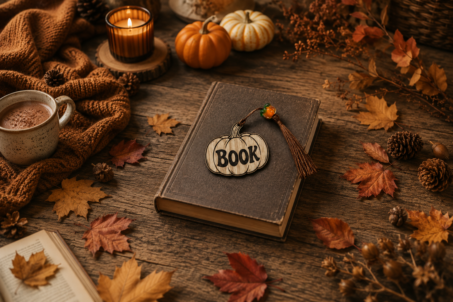 Marque-page en bois Pumpkin BOOK posé sur un livre dans une ambiance automnale avec citrouilles, feuilles, bougie et chocolat chaud.