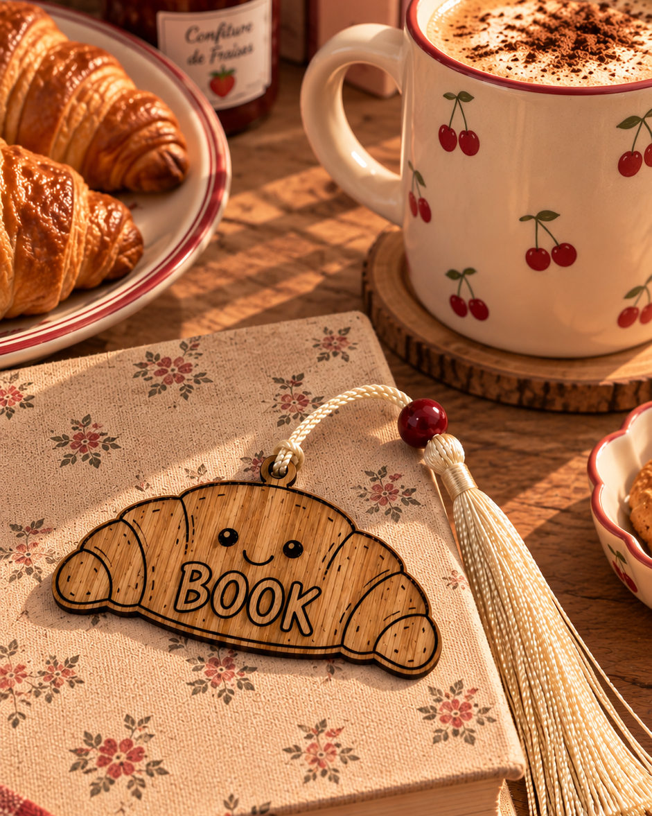 Marque-page Little Croissant en bois gravé au laser posé sur un livre, avec cordon, perle et pompon.