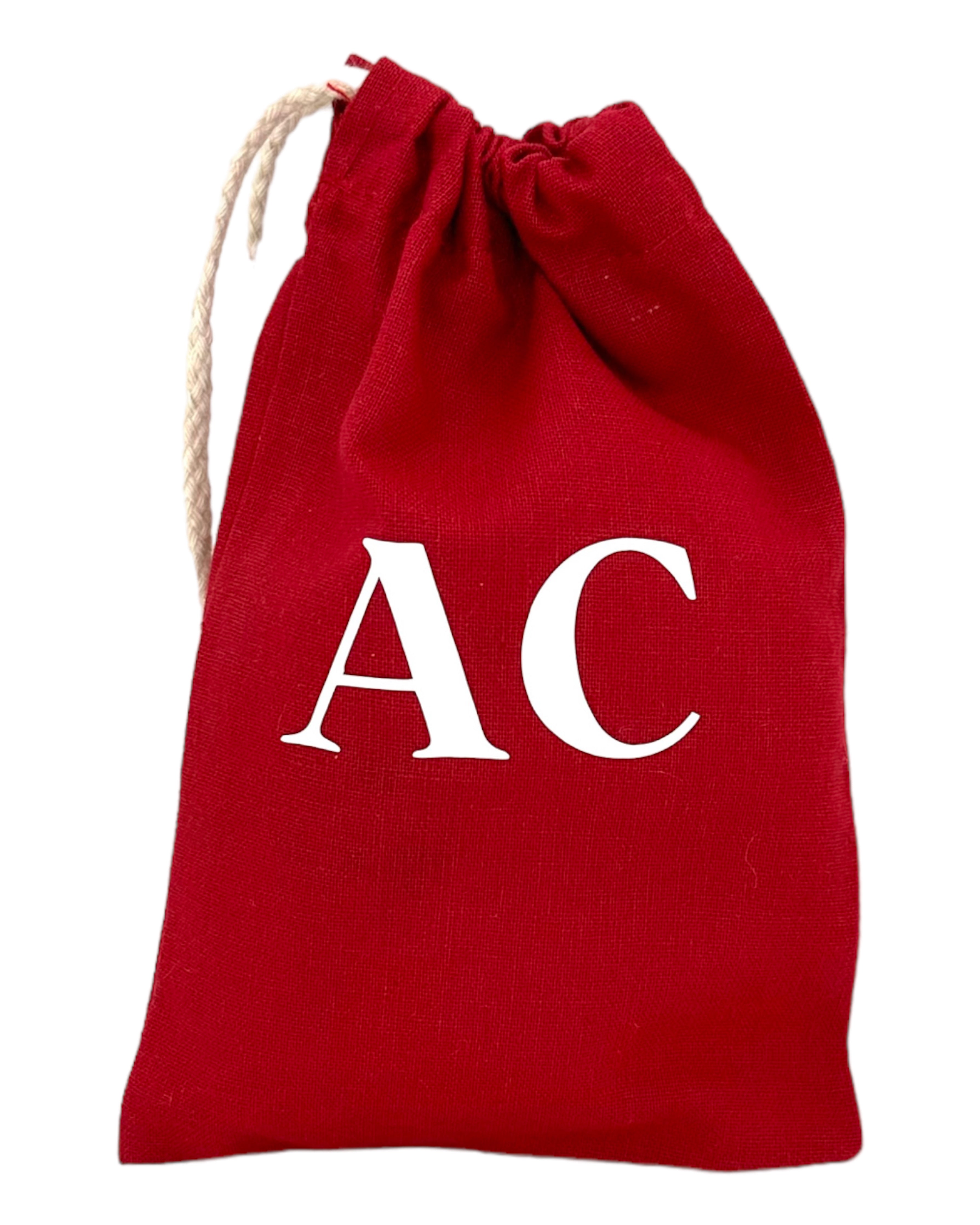 mini pochon rouge en coton pour bijoux et objets précieux, personnalisable avec initiales. Lolie'z