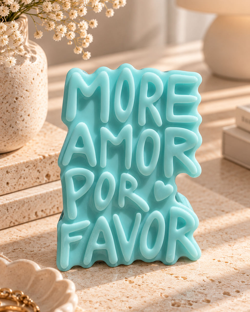 Décoration à poser More Amor Por Favor en résine époxy bleu turquoise brillant, avec lettres en relief et petit cœur, présentée sur une surface en pierre beige dans une ambiance contemporaine lumineuse.