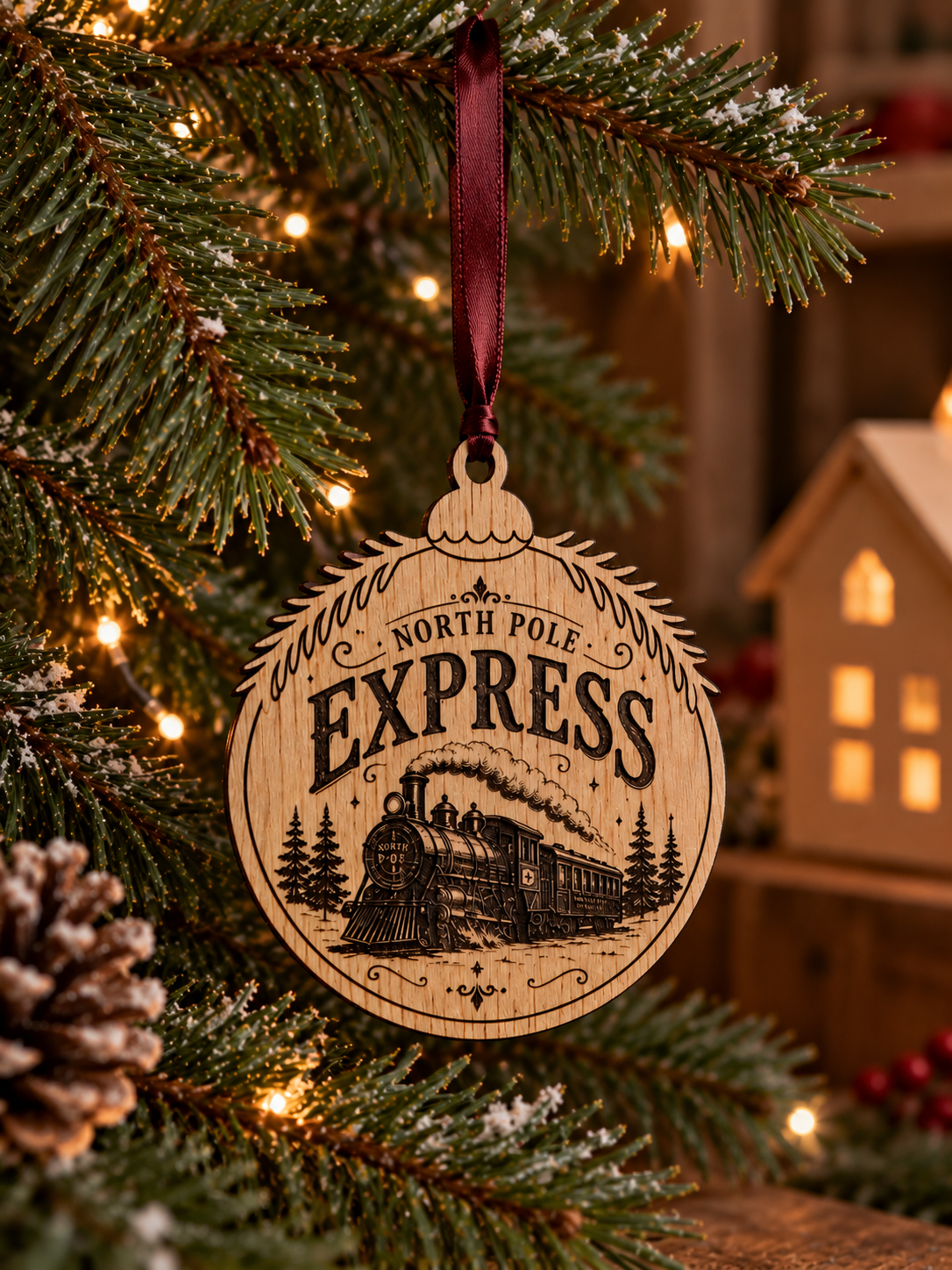 Suspension de Noël North Pole Express en bois gravé au laser accrochée à une branche de sapin.