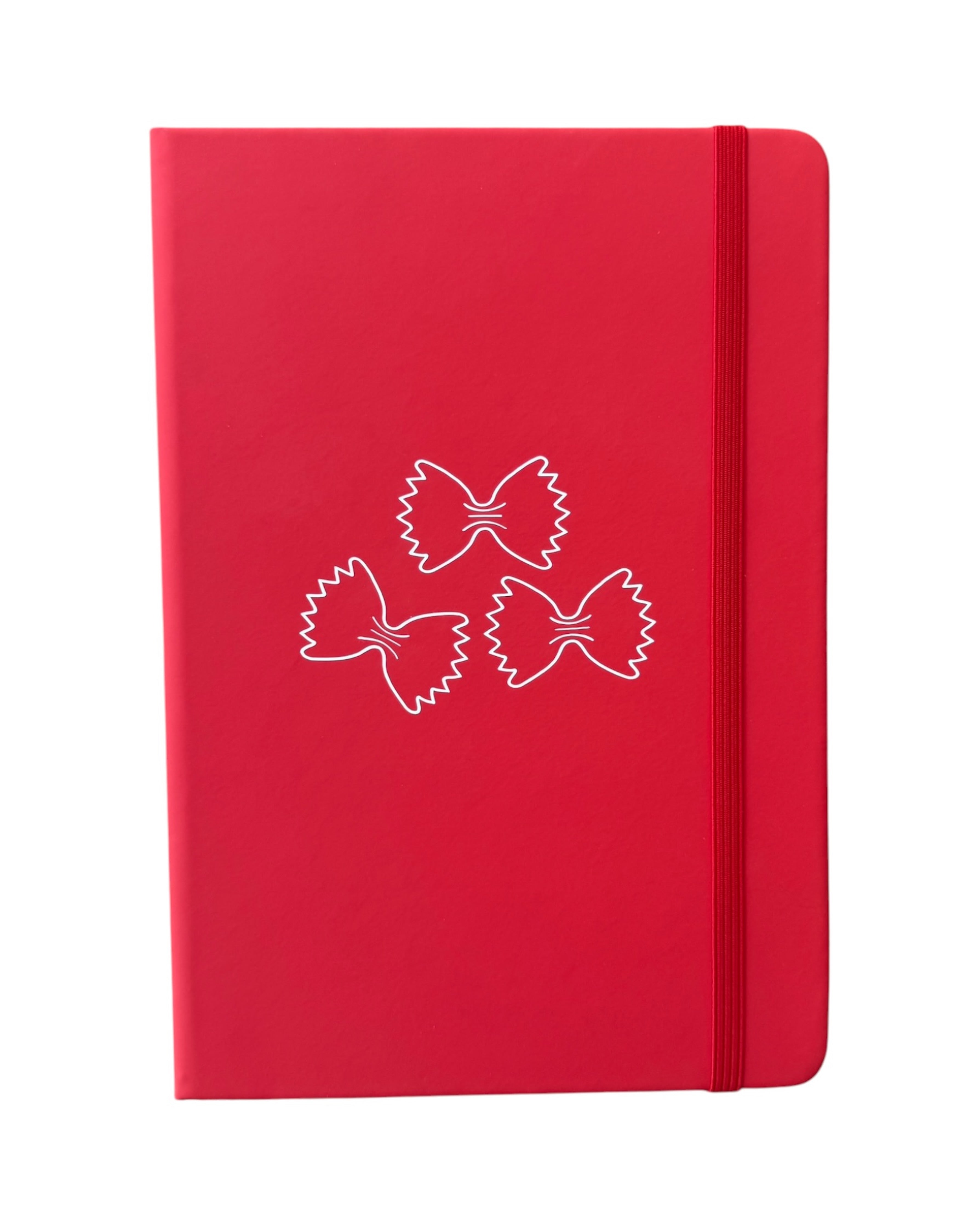 Notebook rouge 96 pages avec illustration minimaliste de trois pâtes farfalle blanches sur la couverture.
