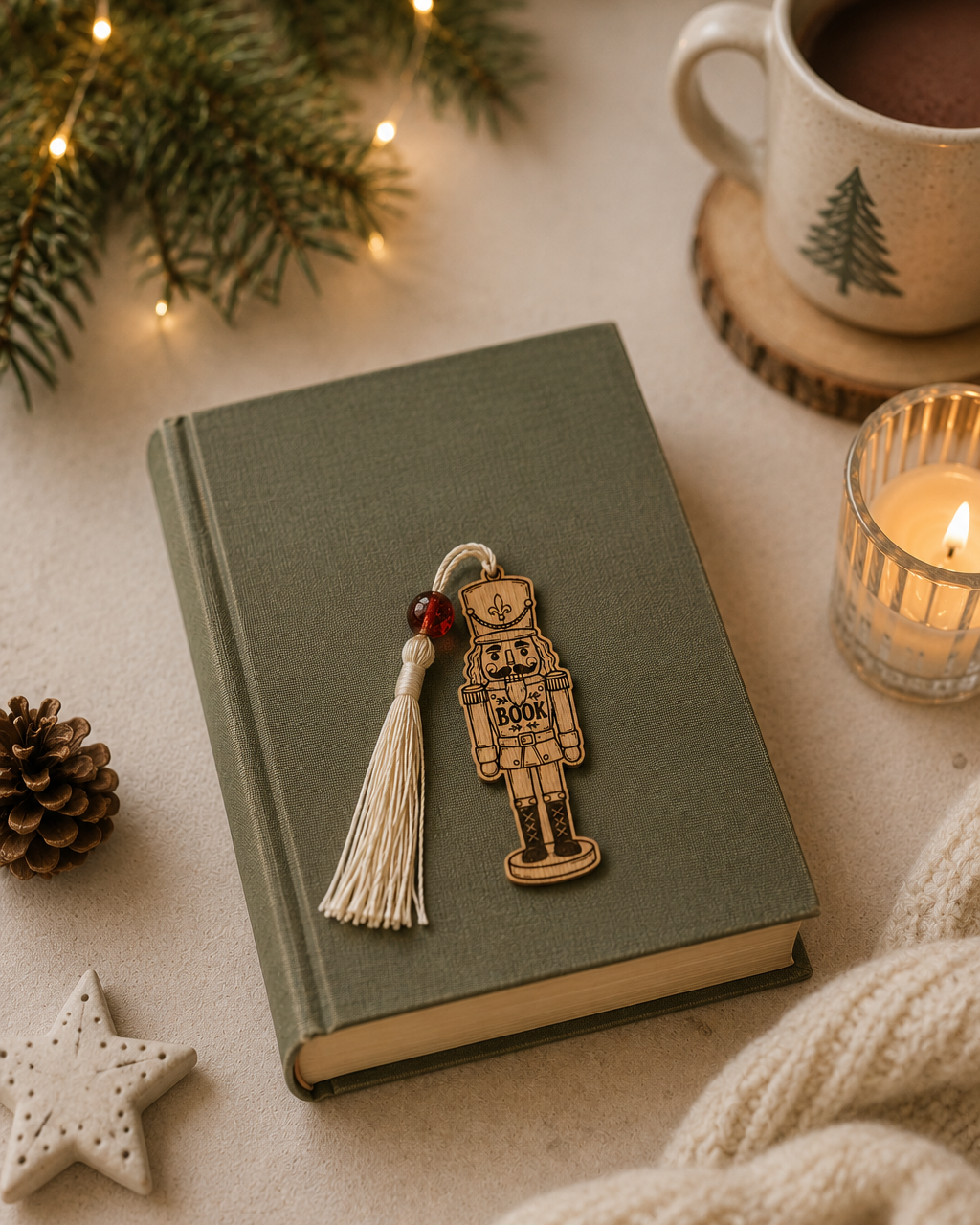 NUTCRACKER, marque-page casse-noisette de Noël en bois gravé avec inscription BOOK, posé sur un livre dans une ambiance chaleureuse de Noël.