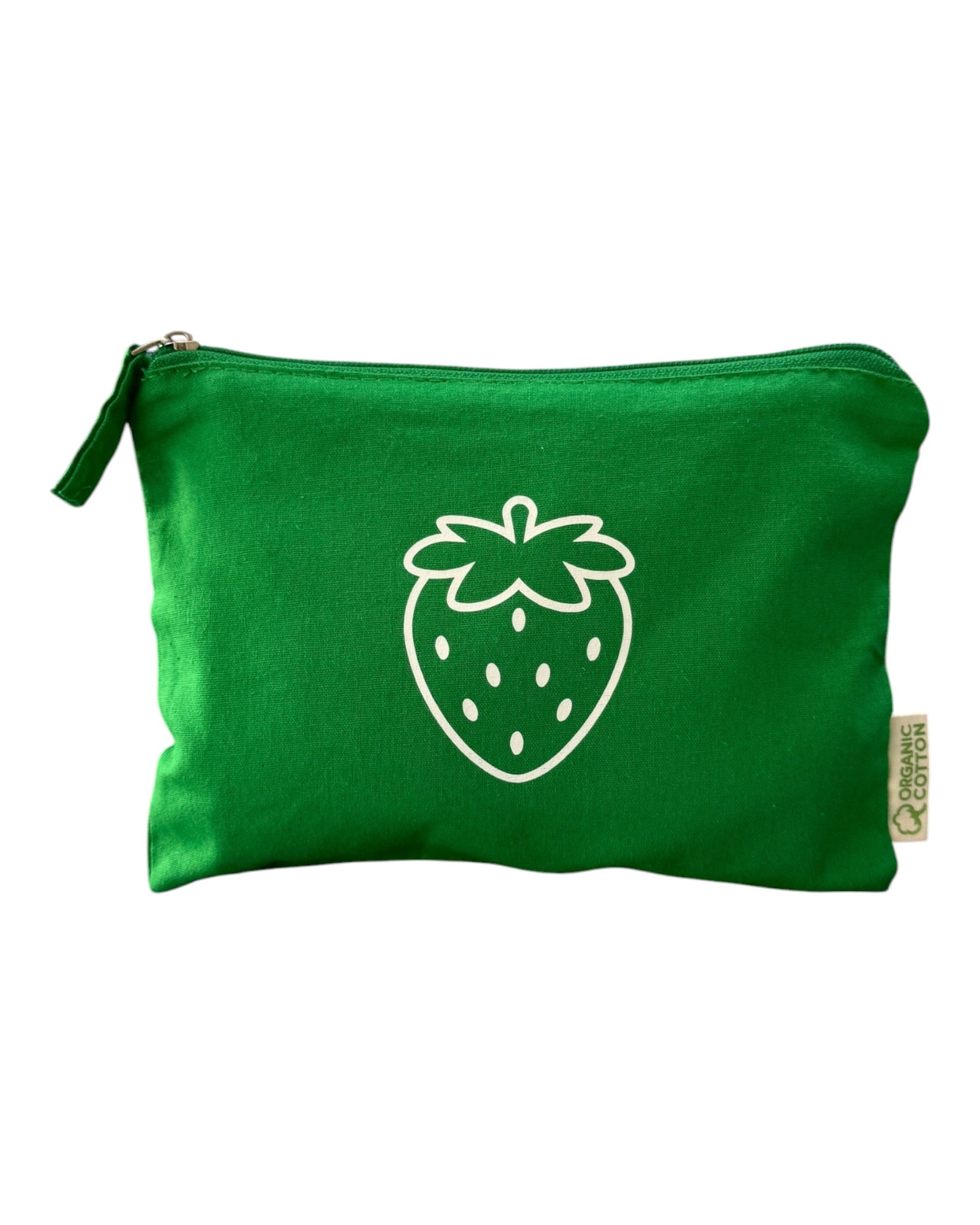 Petite pochette verte en coton biologique avec illustration minimaliste de fraise blanche.