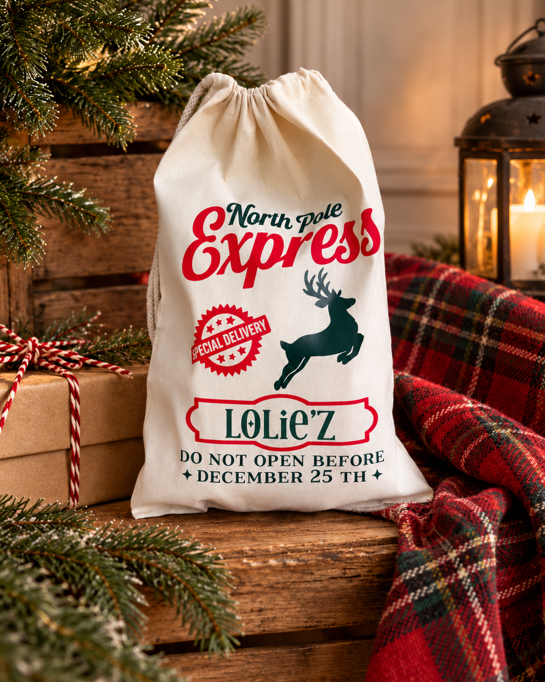 Pochon de Noël personnalisé North Pole Express avec prénom à déposer au pied du sapin