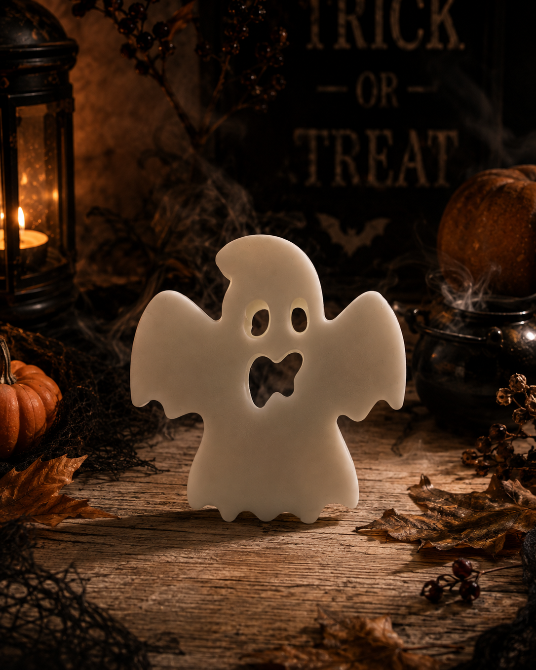 Poe, fantôme blanc décoratif aux bras écartés, fabriqué à la main en résine époxy pour Halloween.
