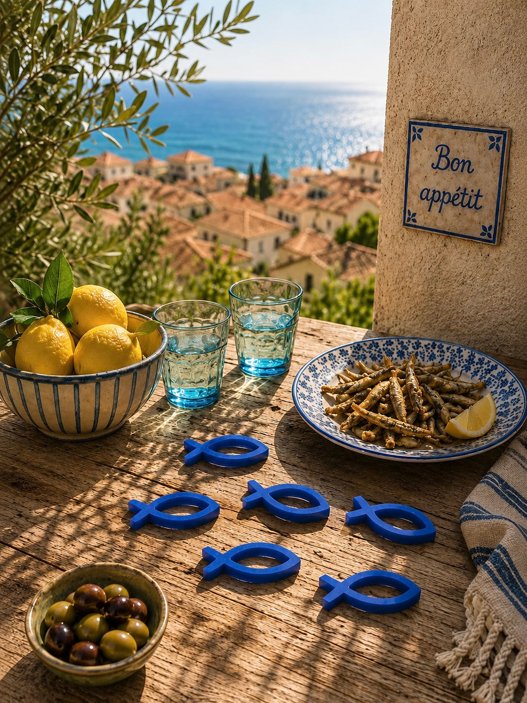 Poissons décoratifs bleus posés sur une table méditerranéenne avec vue mer, citron et ambiance apéro du Sud.