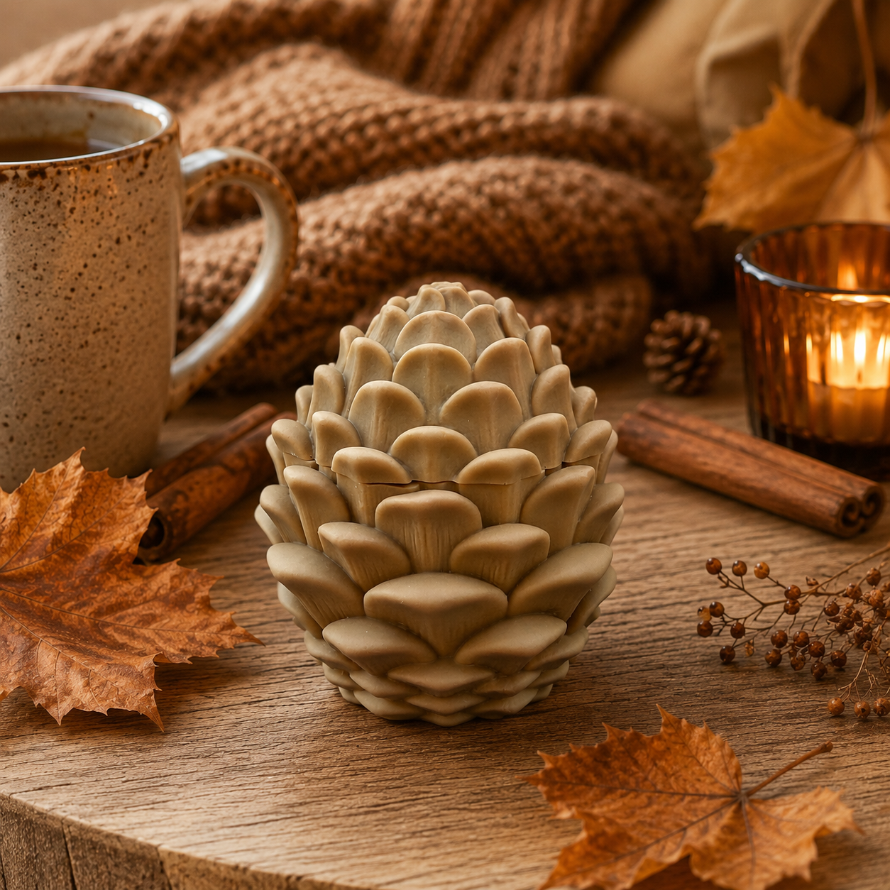 Pomme de pin décorative en résine époxy faite main, présentée dans une ambiance d’automne chaleureuse avec feuilles, cannelle et bougie.