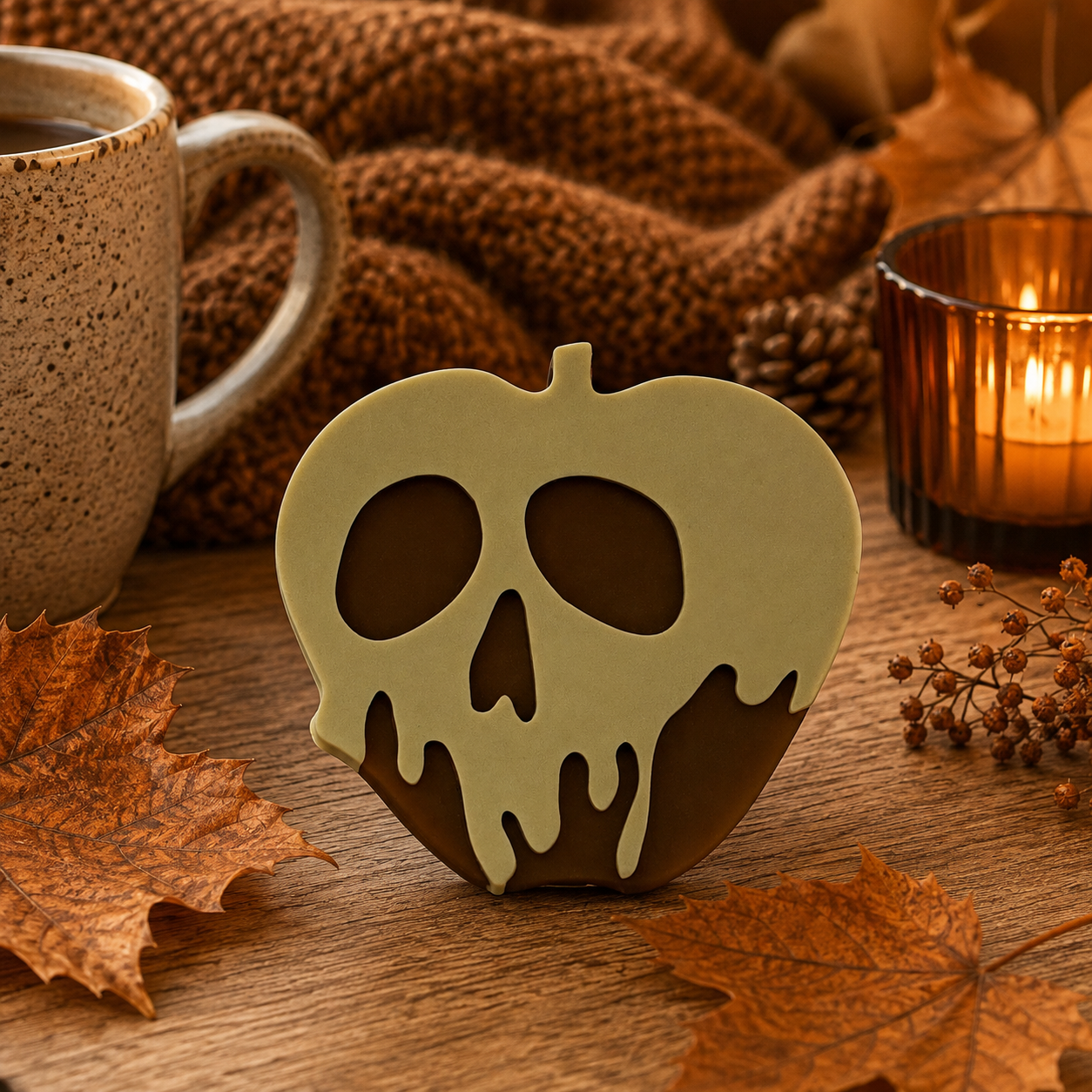 Pomme décorative Halloween effet empoisonné en résine époxy, présentée dans une ambiance automnale avec feuilles, bougie et tasse.