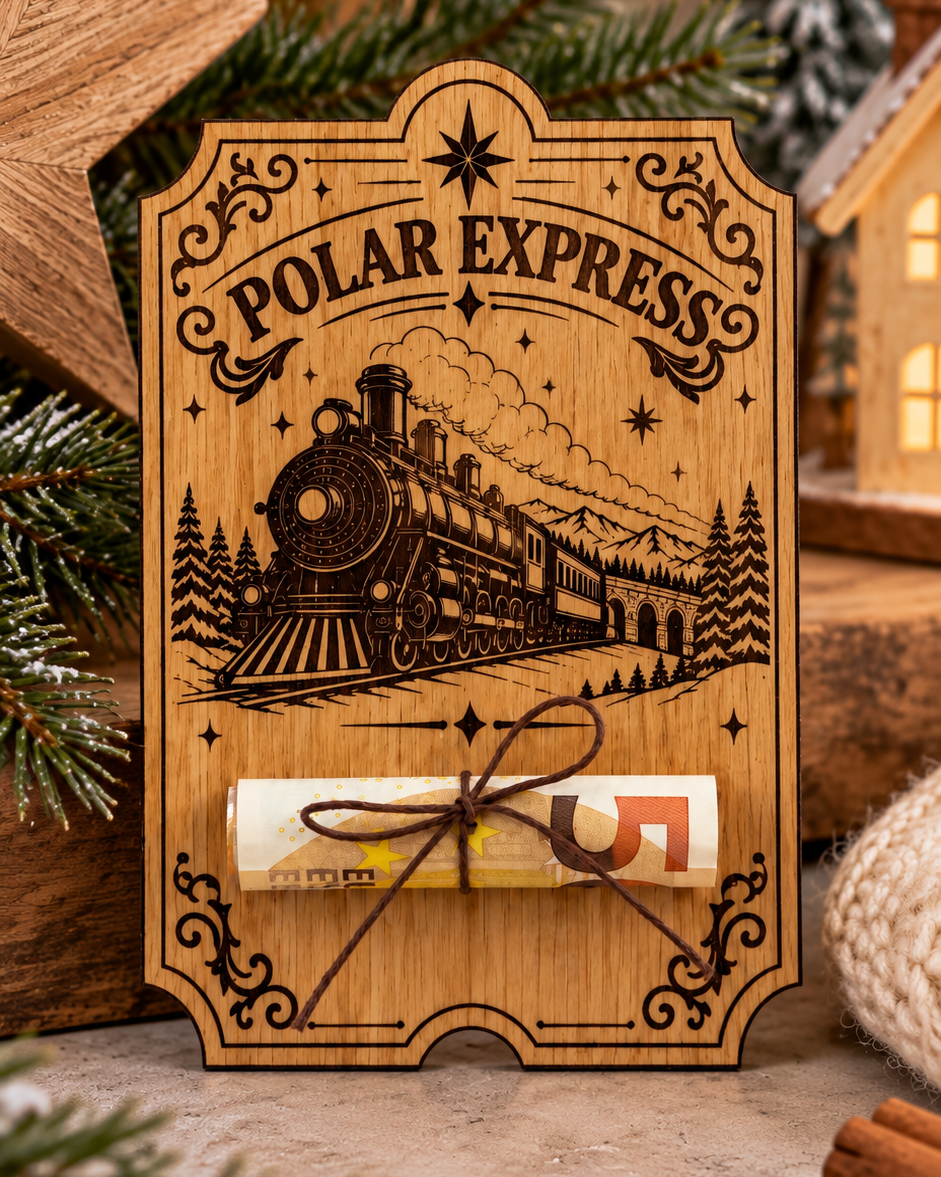 Porte-billet de Noël Polar Express en bois gravé avec locomotive rétro, création artisanale pour offrir de l'argent à Noël.