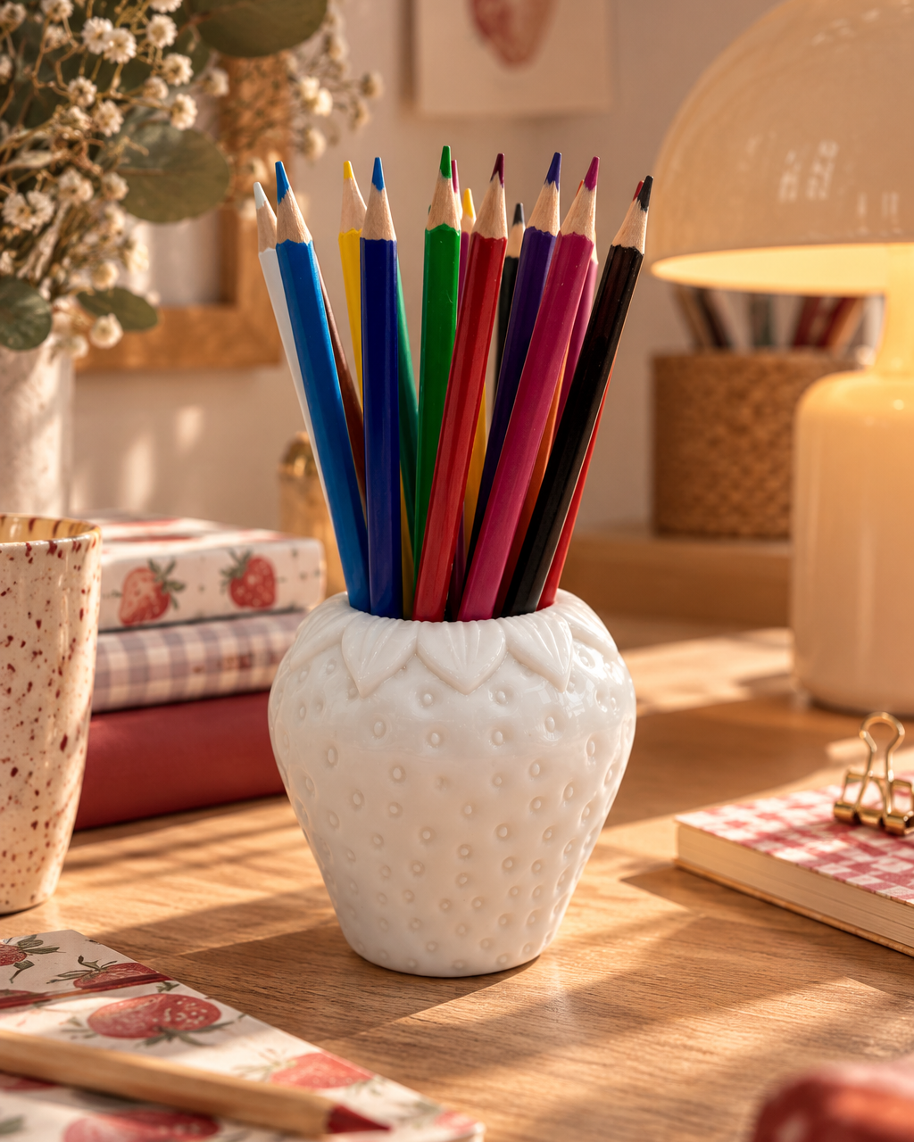 Pot à crayons Strawberry Pot en résine époxy blanche brillante, en forme de fraise, rempli de crayons de couleur et posé sur un bureau en bois entouré de carnets à motifs fraises dans une ambiance chaleureuse.