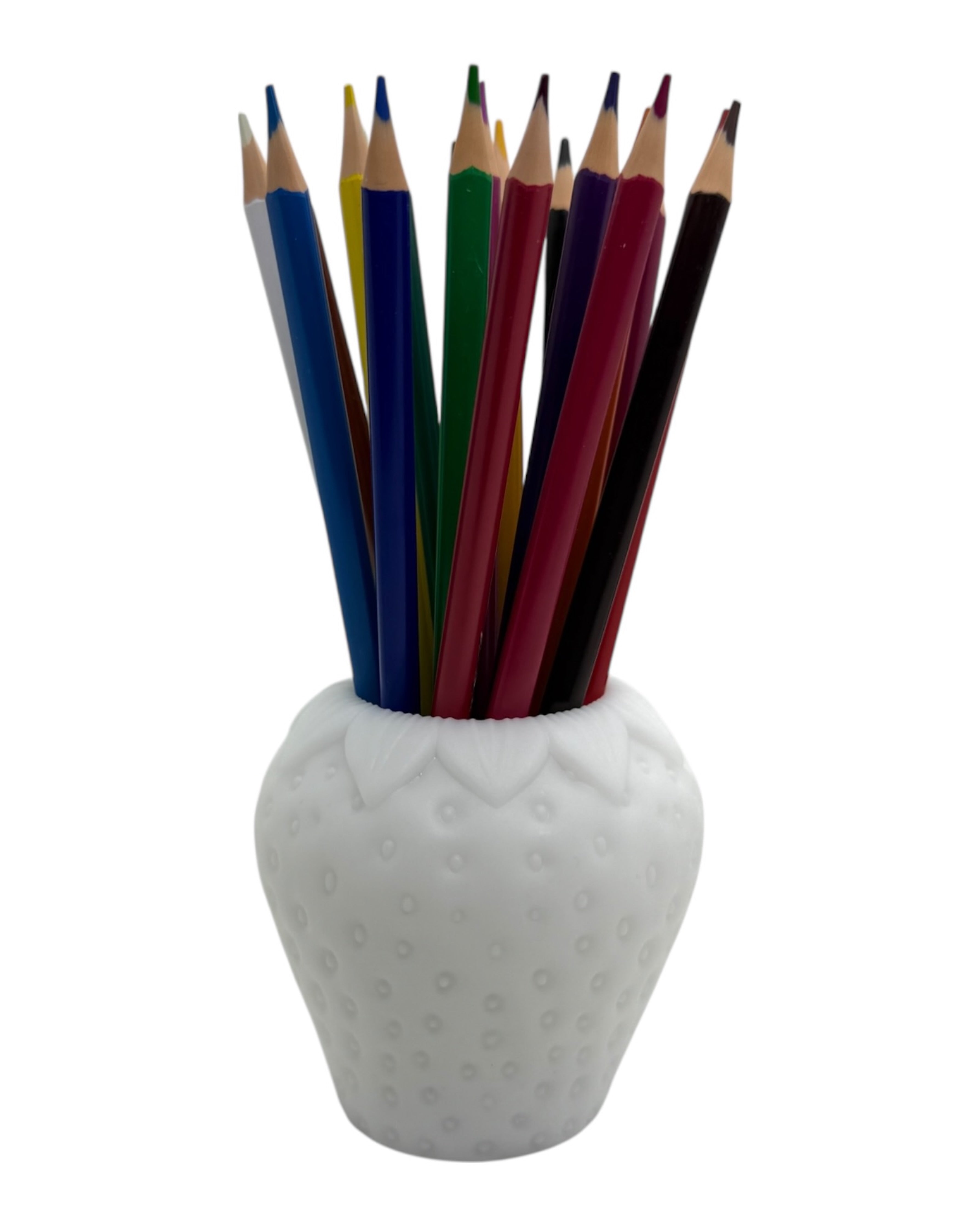 Pot a crayons Strawberry Pot en forme de fraise blanche avec crayons colores, accessoire deco bureau original et fun.