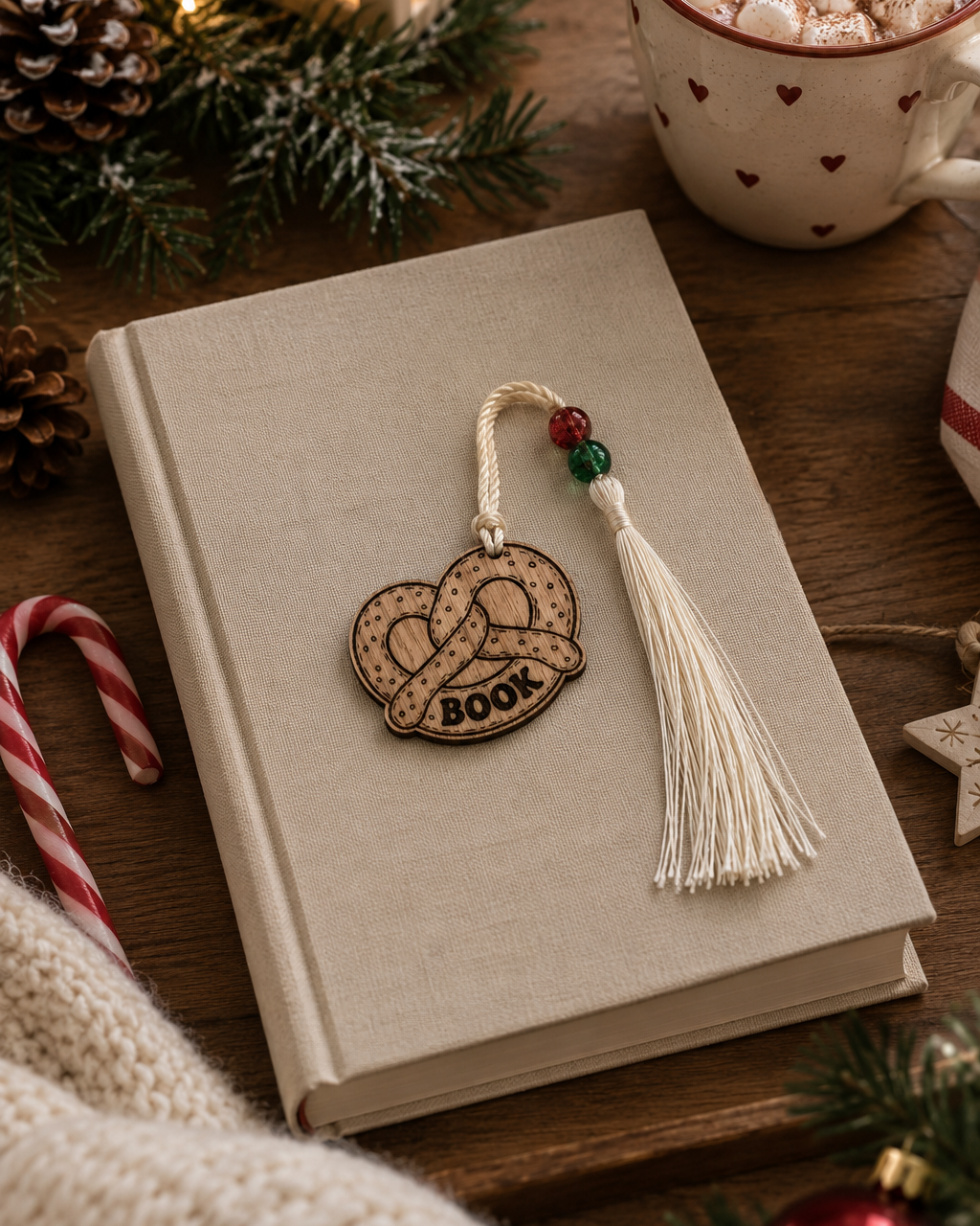 PRETZEL, marque-page en bois en forme de bretzel BOOK, posé sur un livre dans une ambiance de lecture de Noël avec chocolat chaud.