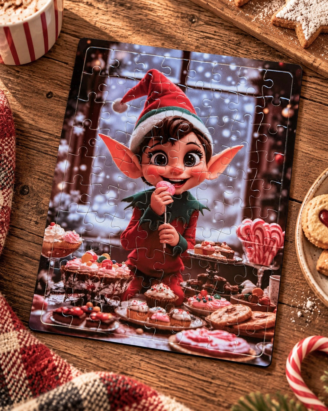 Puzzle de 80 pièces représentant Bibicroc, un lutin farceur tenant une sucette rose, posé sur une table en bois dans une ambiance de Noël gourmande.