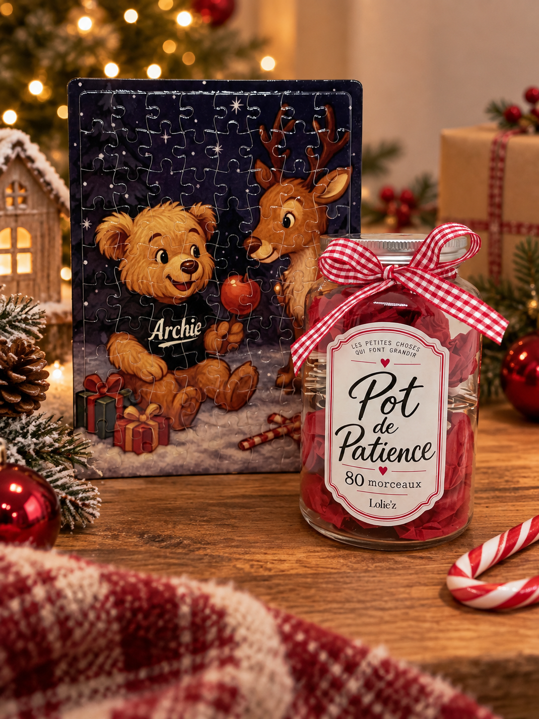 Puzzle de Noël enfant 80 pièces Archie et Pipo avec son Pot de Patience Lolie’z, dès 5 ans.