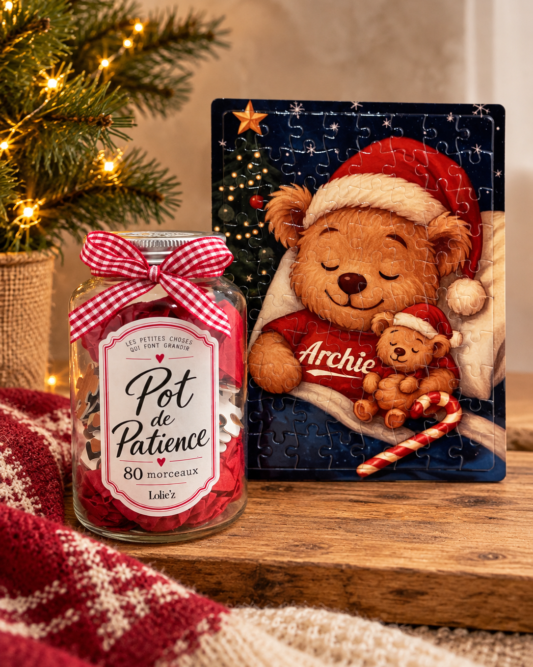 Puzzle de Noël enfant Archie & Mini Moi 80 pièces avec Pot de Patience Lolie’z
