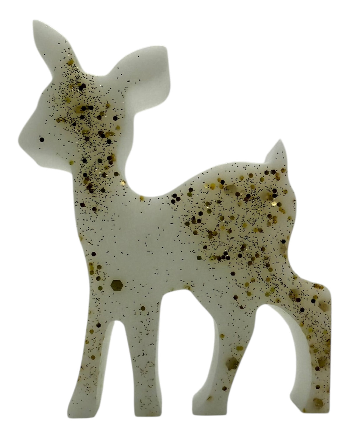 Vixen the Reindeer blanc pailleté, renne décoratif de Noël en résine époxy fabriqué à la main chez Lolie’z.