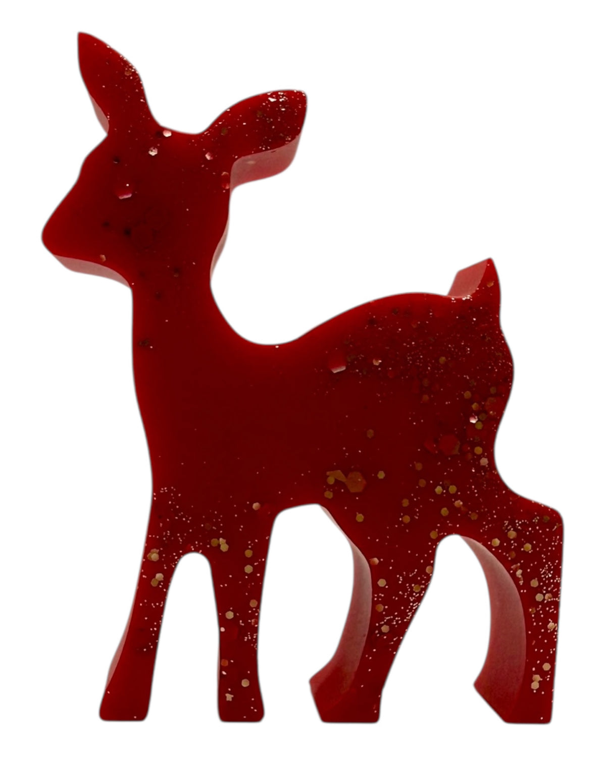 Vixen the Reindeer rouge pailleté, décoration de Noël en forme de renne fabriquée artisanalement en résine époxy.