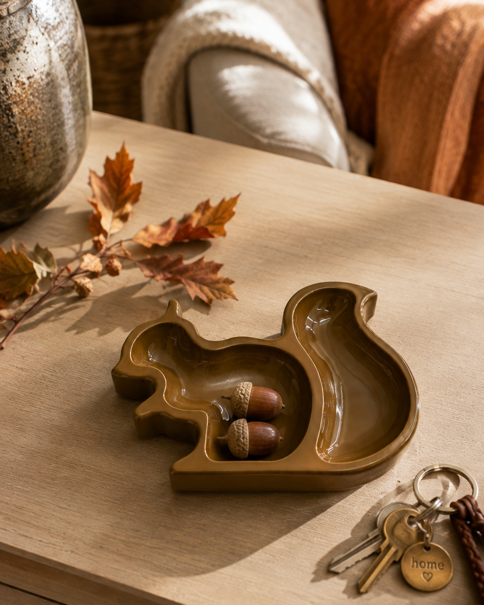 Vide-poche écureuil Rusty Nutty en résine époxy marron mis en scène dans une décoration automnale avec glands et feuilles séchées.
