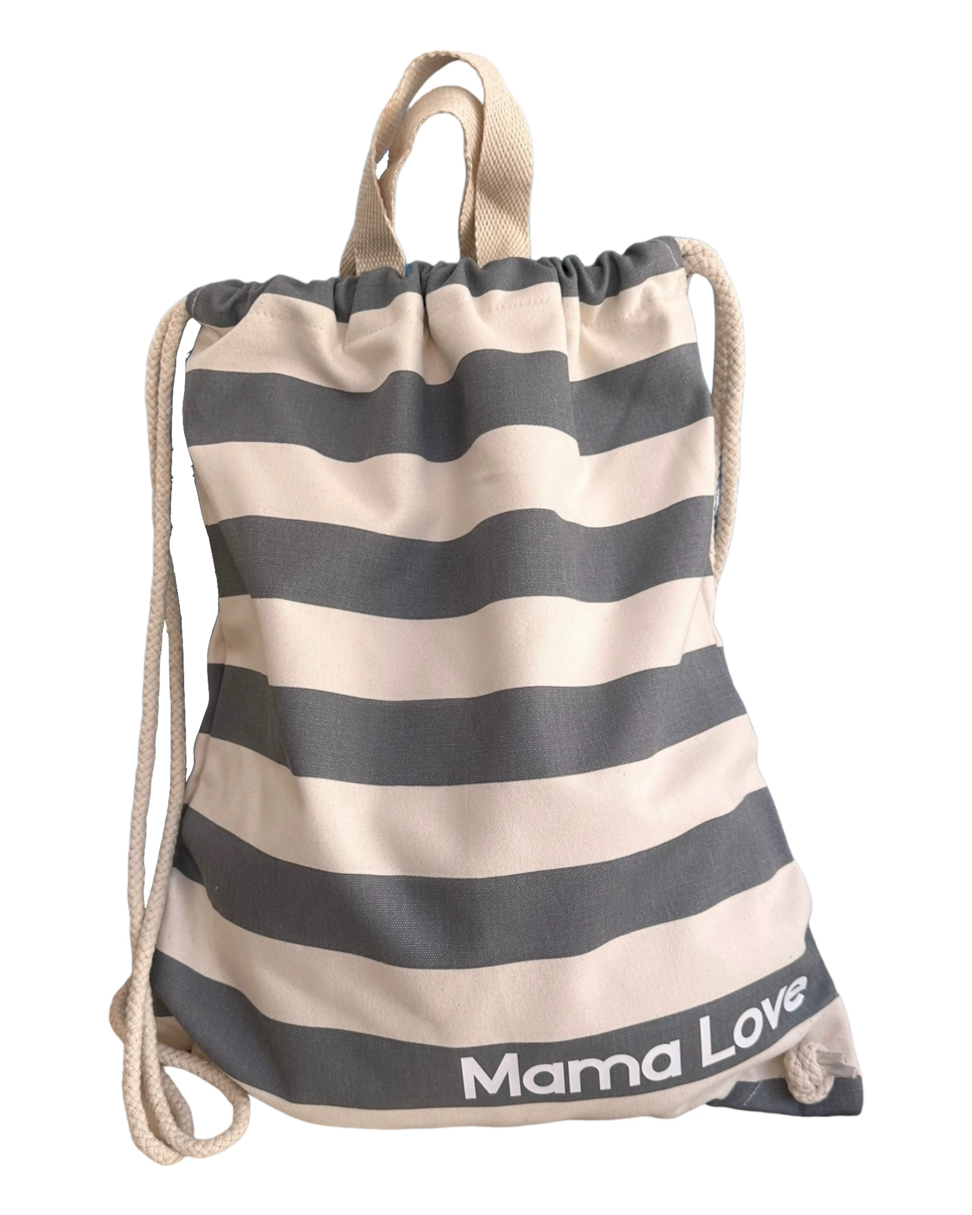 Sac Sunny gris & beige personnalisé avec prénom, en toile de coton brossée, idéal pour la plage et les escapades estivales.