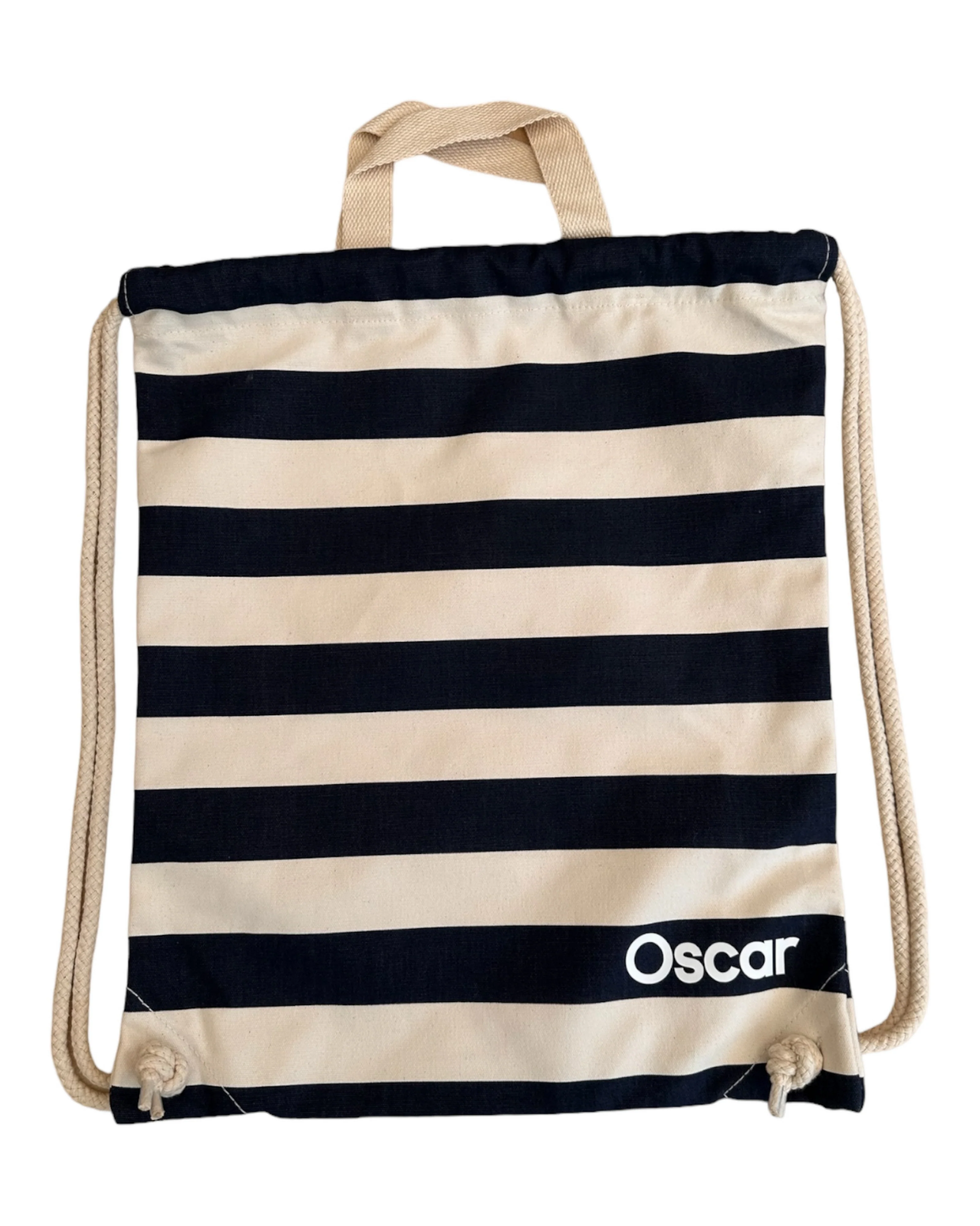Sac Sunny marine & beige personnalisé avec prénom, en toile de coton brossée, idéal pour la plage.