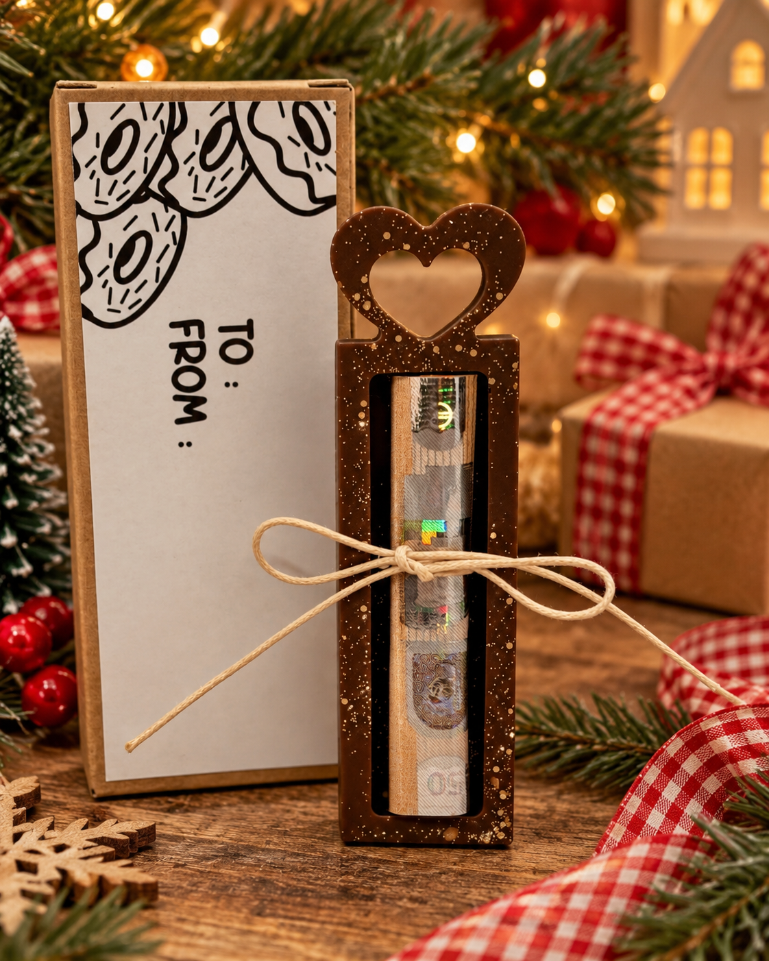 Support à billet en résine chocolat parsemée de paillettes dorées, avec cœur ajouré et nœud en ficelle naturelle, présenté dans une ambiance de Noël avec sa boîte kraft.