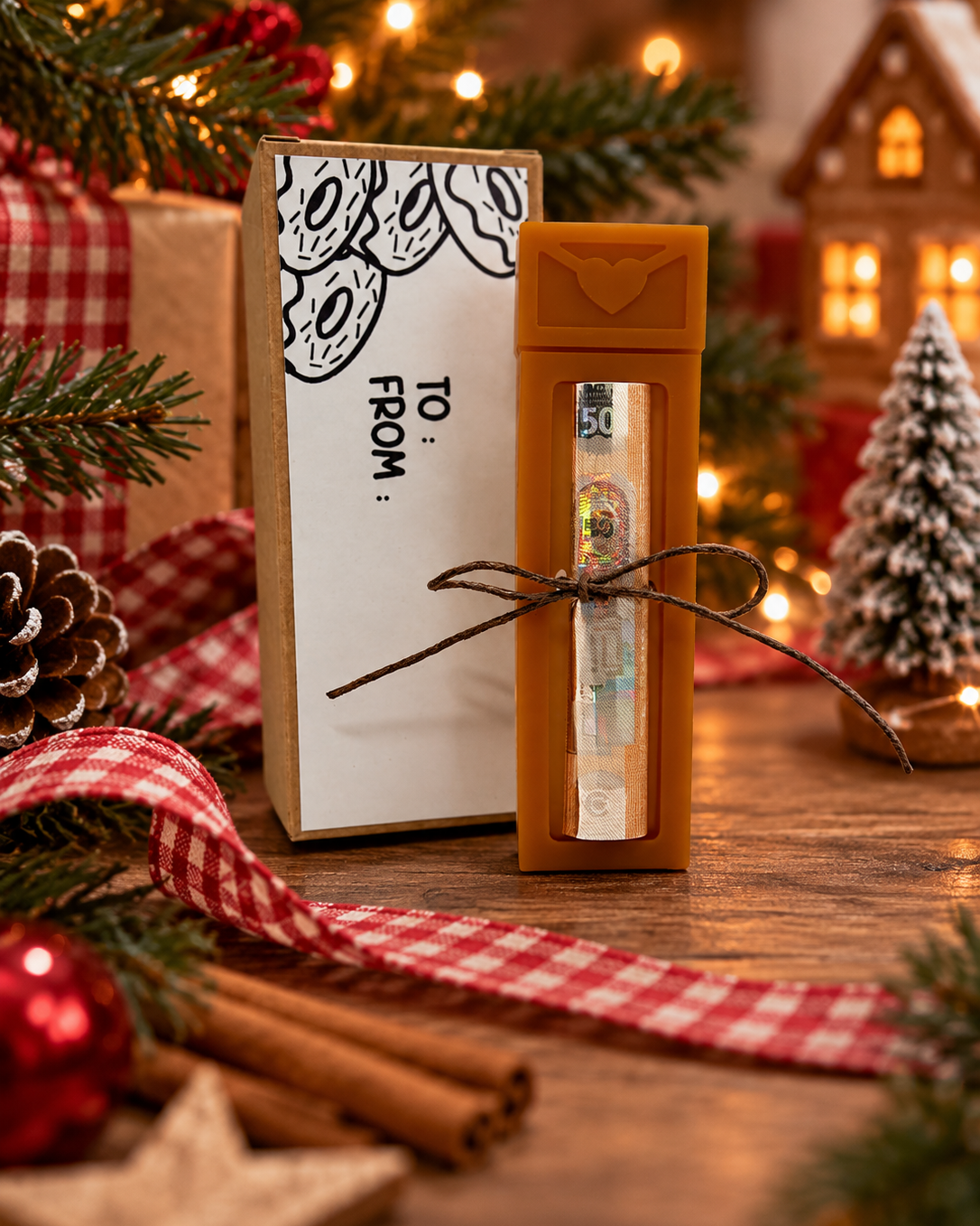 Support à billet en résine couleur caramel avec motif enveloppe et petit cœur, billet roulé attaché par un cordon marron, présenté avec sa boîte kraft dans un décor de Noël.