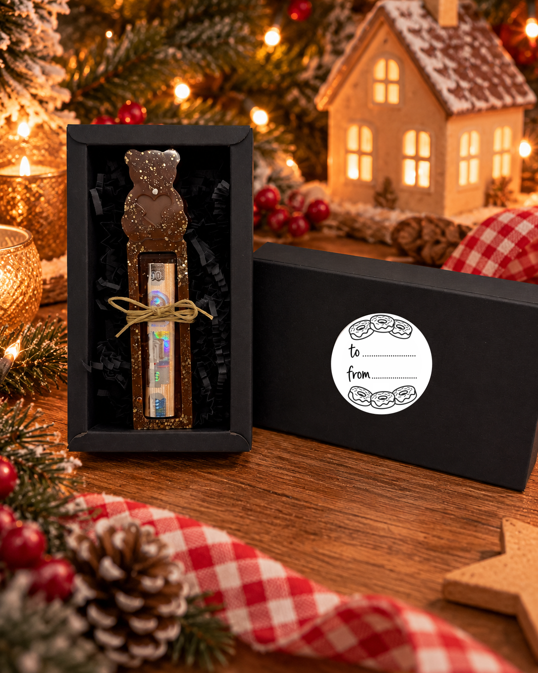 Support à billet Teddy Bear en résine chocolat pailletée, présenté dans un coffret noir avec billet roulé, au milieu d'une décoration chaleureuse de Noël.