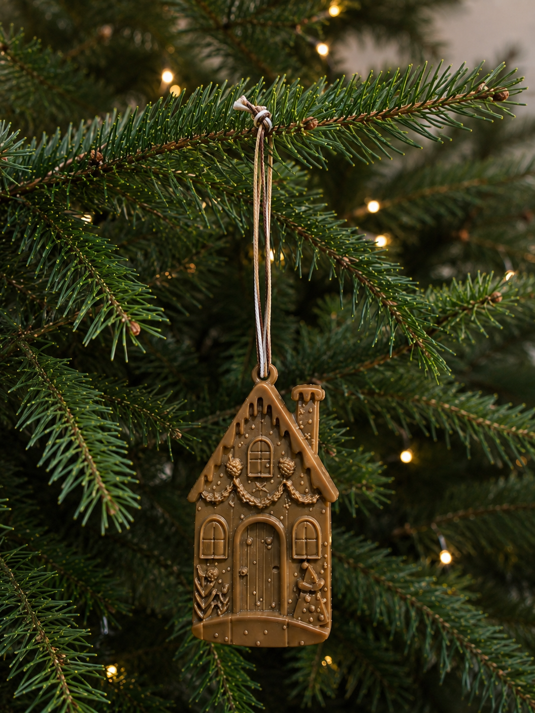 Suspension de Noël Tiny Chalet en résine époxy fabriquée à la main, présentée dans une décoration de Noël chaleureuse avec des éléments naturels et un sapin, idéale comme décoration artisanale ou idée cadeau.
