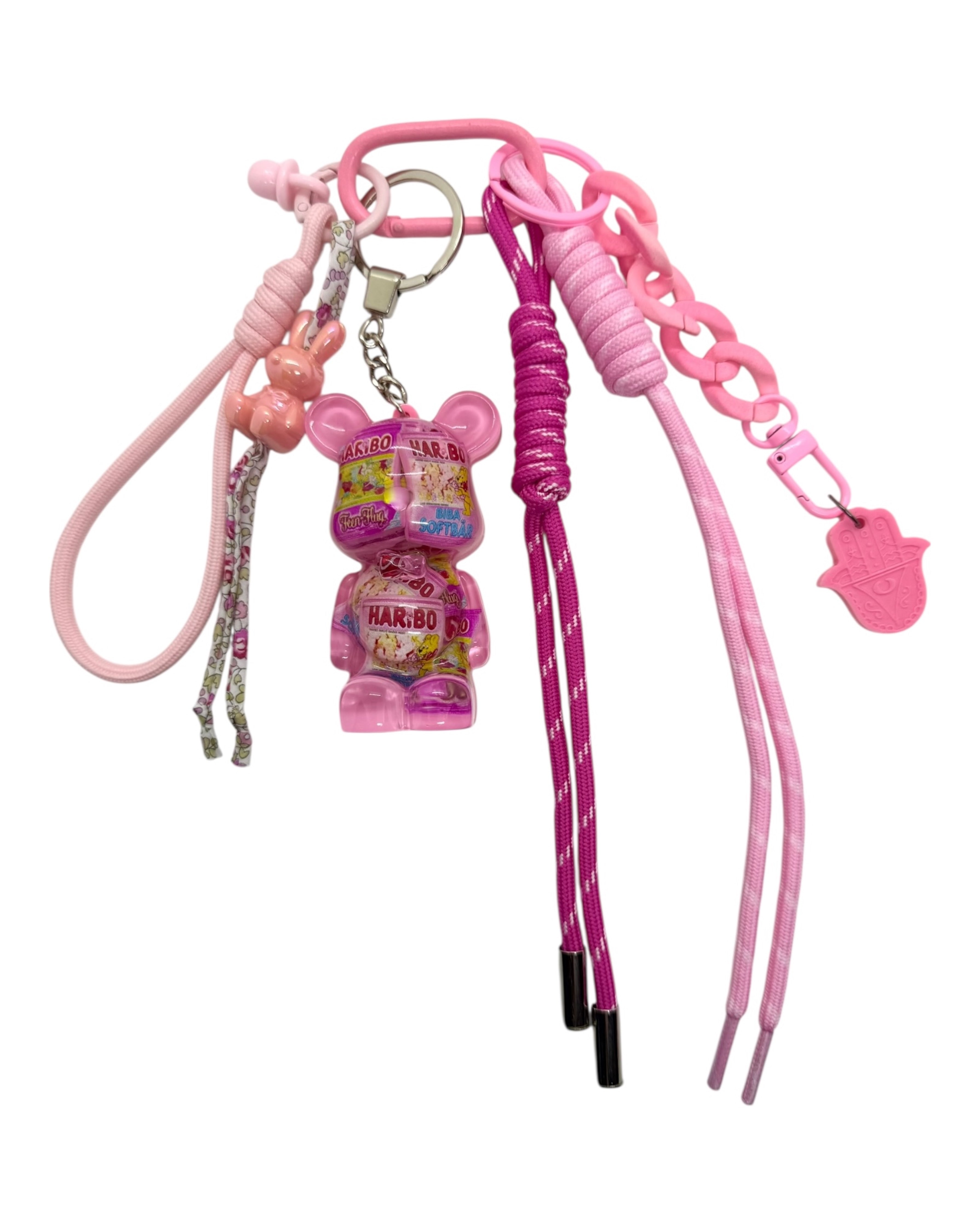 Teddy'z Candy Bear fait main en resine epoxy, rose girly, avec bonbons, cordon Liberty et cordes roses, style fun et barbie, grigri et bijou de sac.