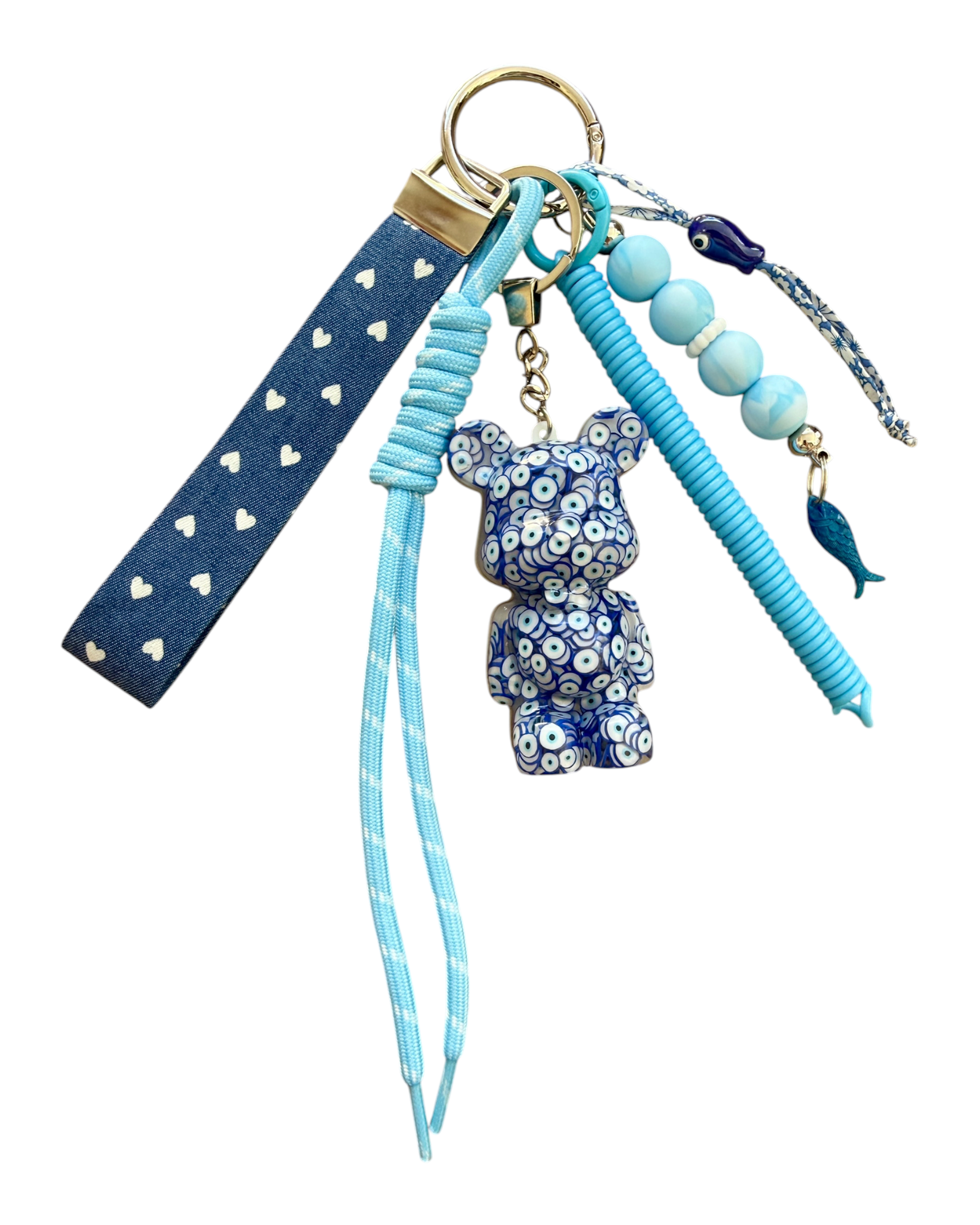 Porte-clés Teddy’z Nazar Love Talisman en résine époxy avec motif yeux bleus et ruban cœur