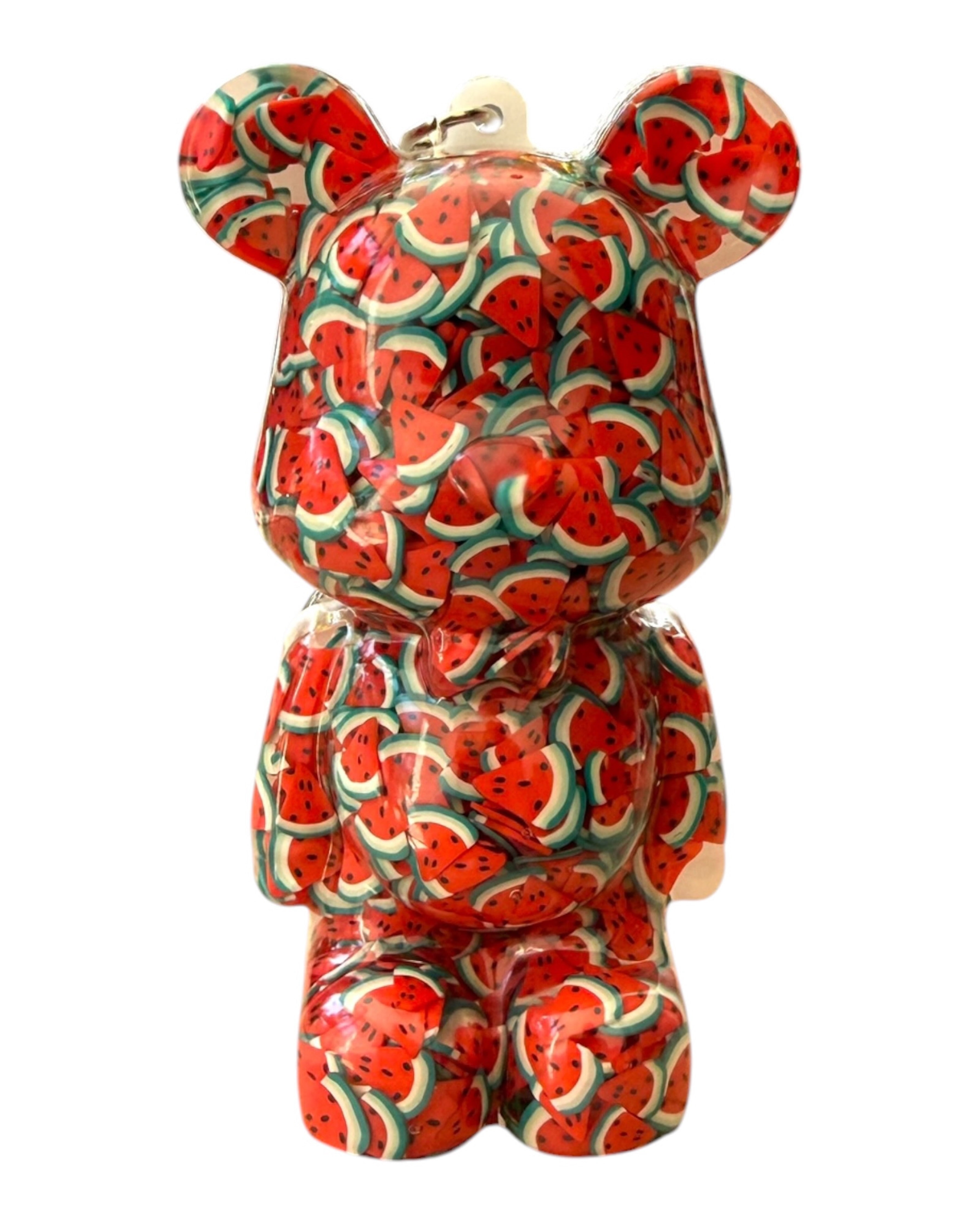 Porte-clés Teddy’z Watermelon en résine époxy rouge brillante avec inclusions de pastèque, création artisanale unique au style estival et vitaminé.