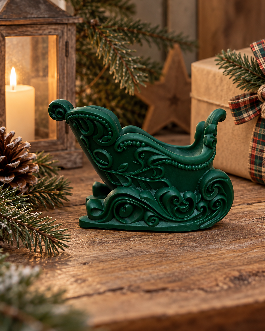 Santa’s Sleigh, traîneau de Noël en résine époxy fait main, présenté dans une décoration de Noël.