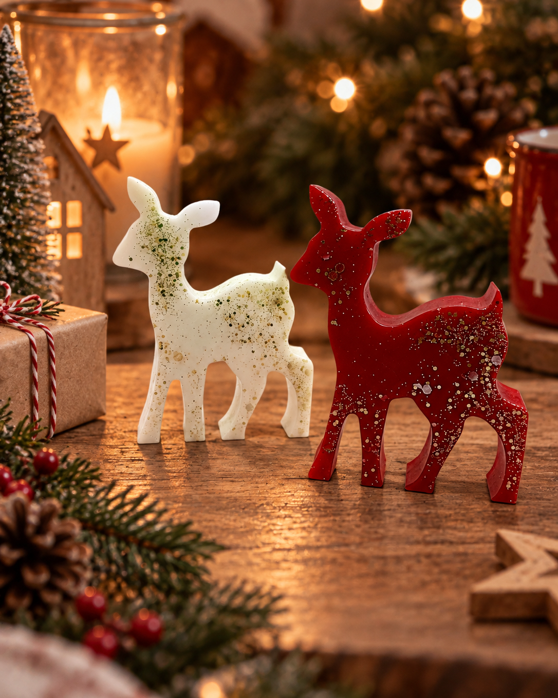 Vixen the Reindeer dans une décoration de Noël chaleureuse, renne décoratif en résine époxy fabriqué à la main chez Lolie’z.