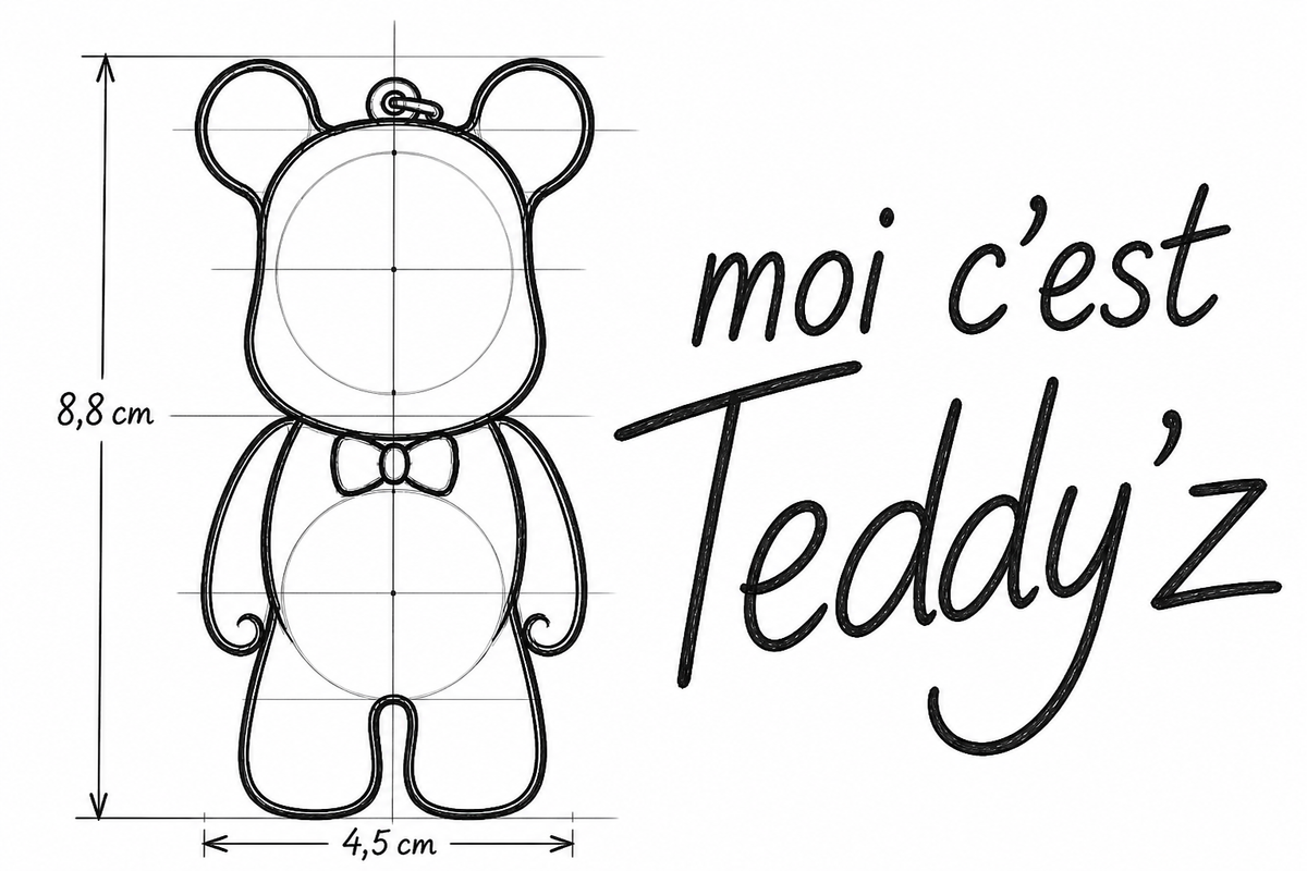 croquis Ours Teddy’z en résine époxy fait main, grigri unique au design attachant et original.