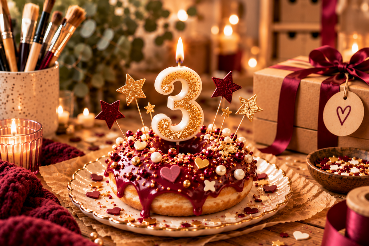 Gâteau aux décorations bordeaux et dorées, surmonté d’une bougie allumée en forme de 3 pour célébrer les trois ans de Lolie’z.