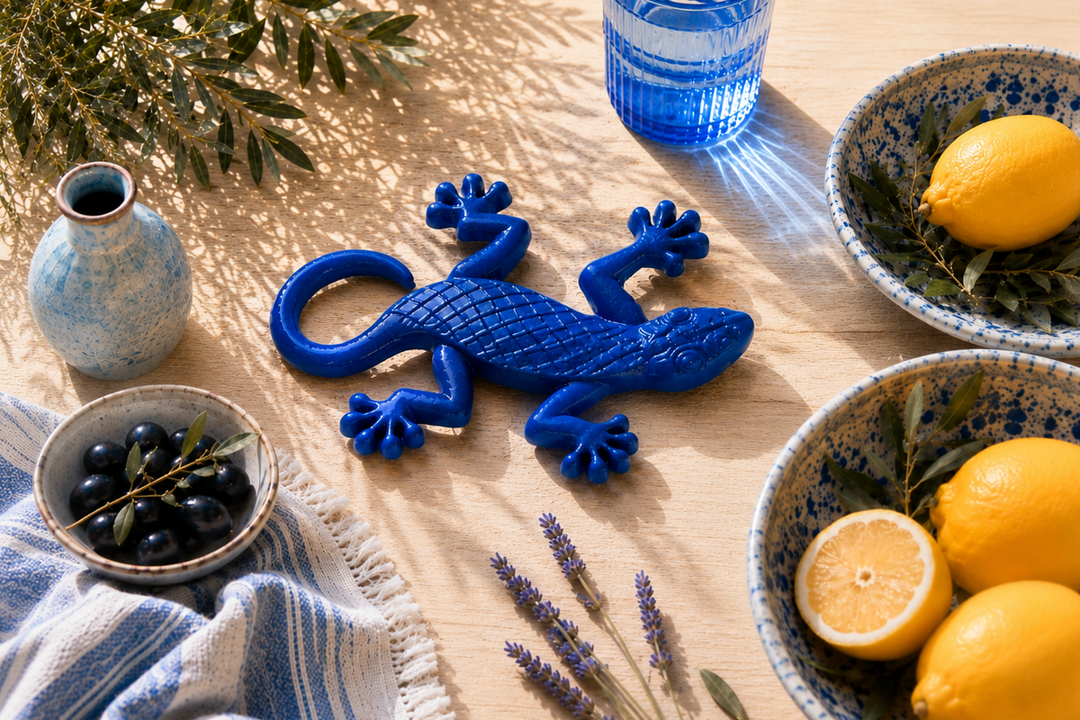 Décoration murale Suzy en résine époxy bleue posée dans une ambiance méditerranéenne avec citrons, olives, déco artisanale aux tons bleu et soleil.