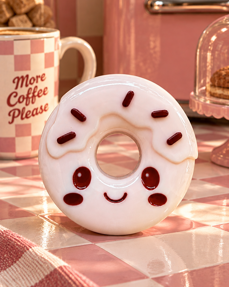 Little Donut de la Cuties Bakery Lolie’z présenté dans une cuisine rétro rose, création artisanale en résine époxy.