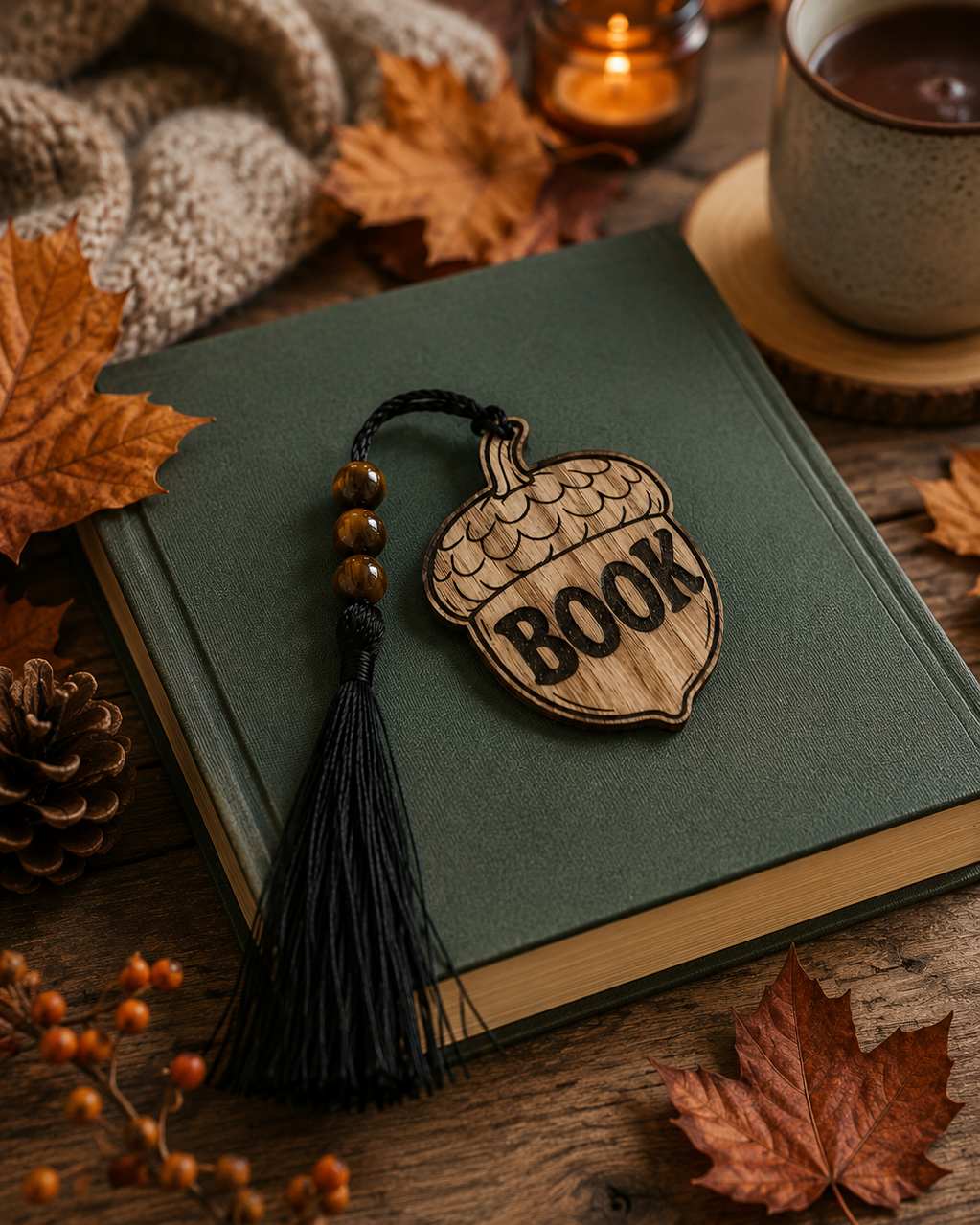 Marque-page Acorn Lolie’z en contreplaqué chêne gravé en forme de gland avec inscription BOOK, perles brunes et pompon noir.